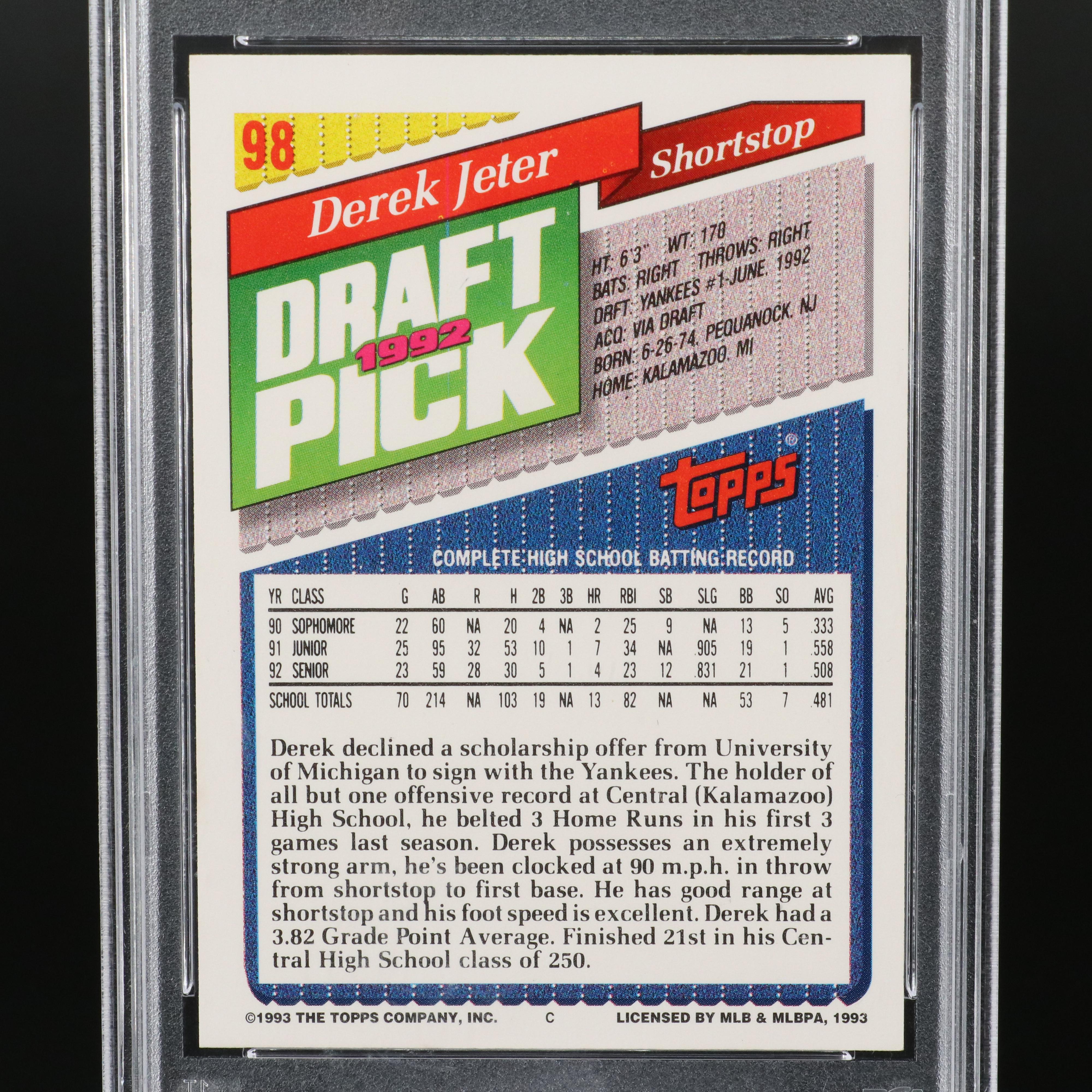 1993 Topps Derek Jeter New York Yankees Rookie Baseball Card Graded PSA 9