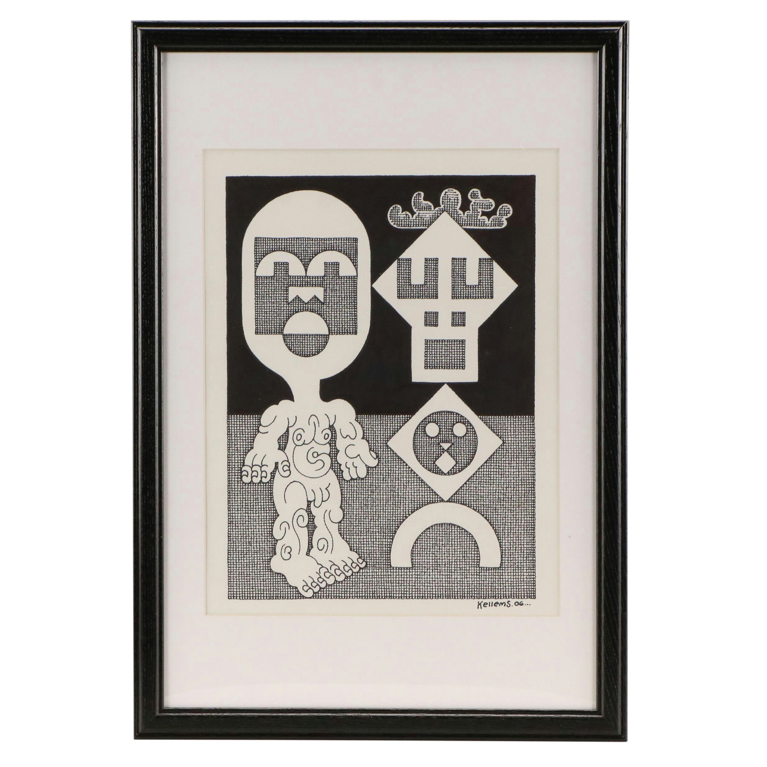 Jerry Quinton Kellems Figural Stylized Ink Drawing, 2006