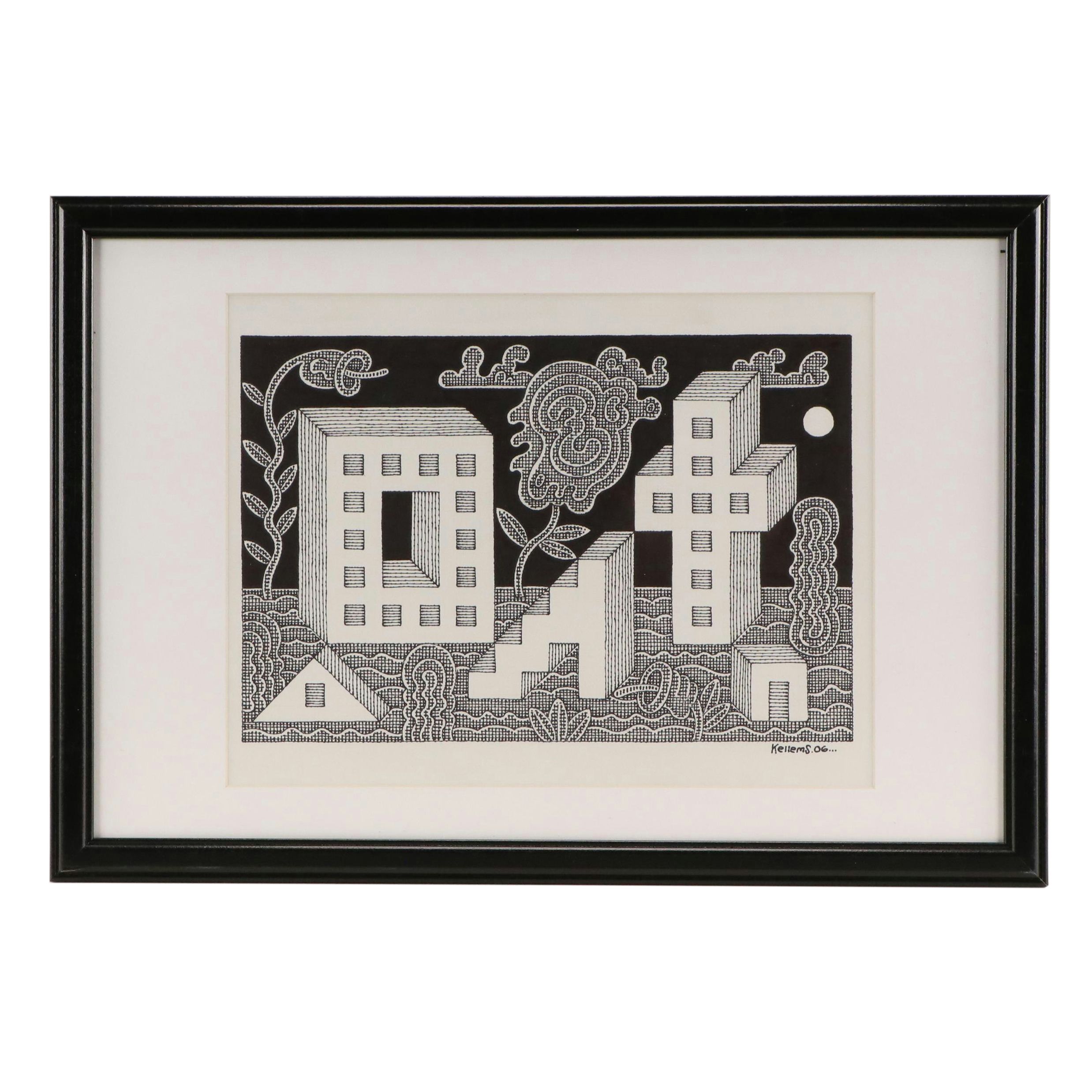Jerry Quinton Kellems Architectural Surrealist Ink Drawing, 2006