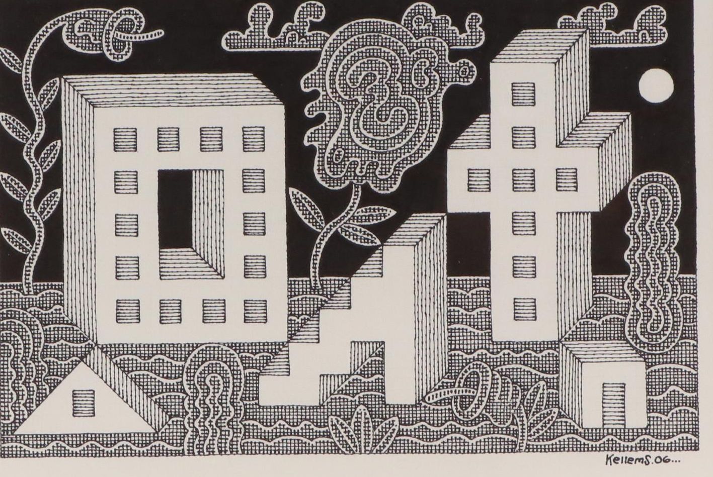 Jerry Quinton Kellems Architectural Surrealist Ink Drawing, 2006