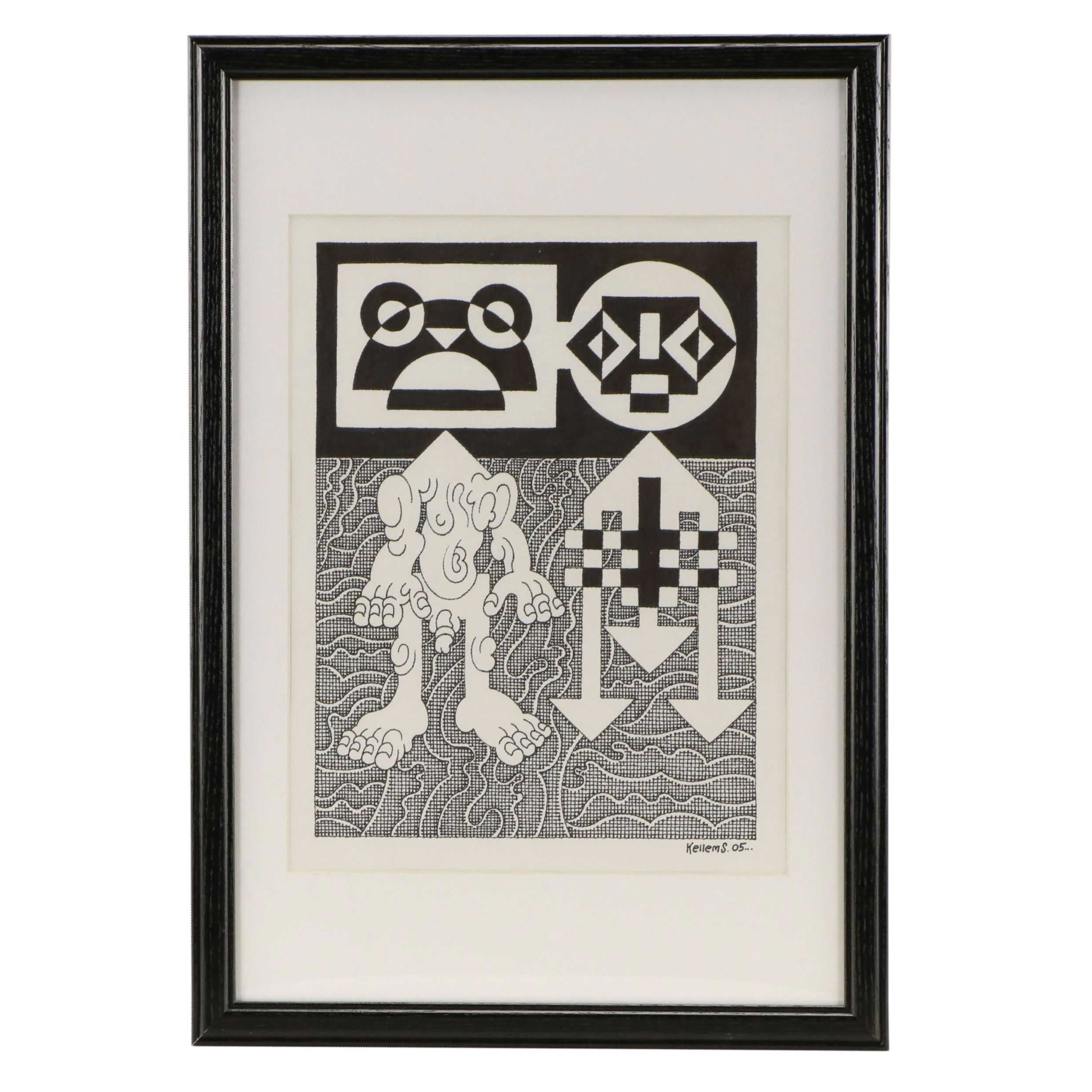 Jerry Quinton Kellems Figural Surrealist Ink Drawing, 2005