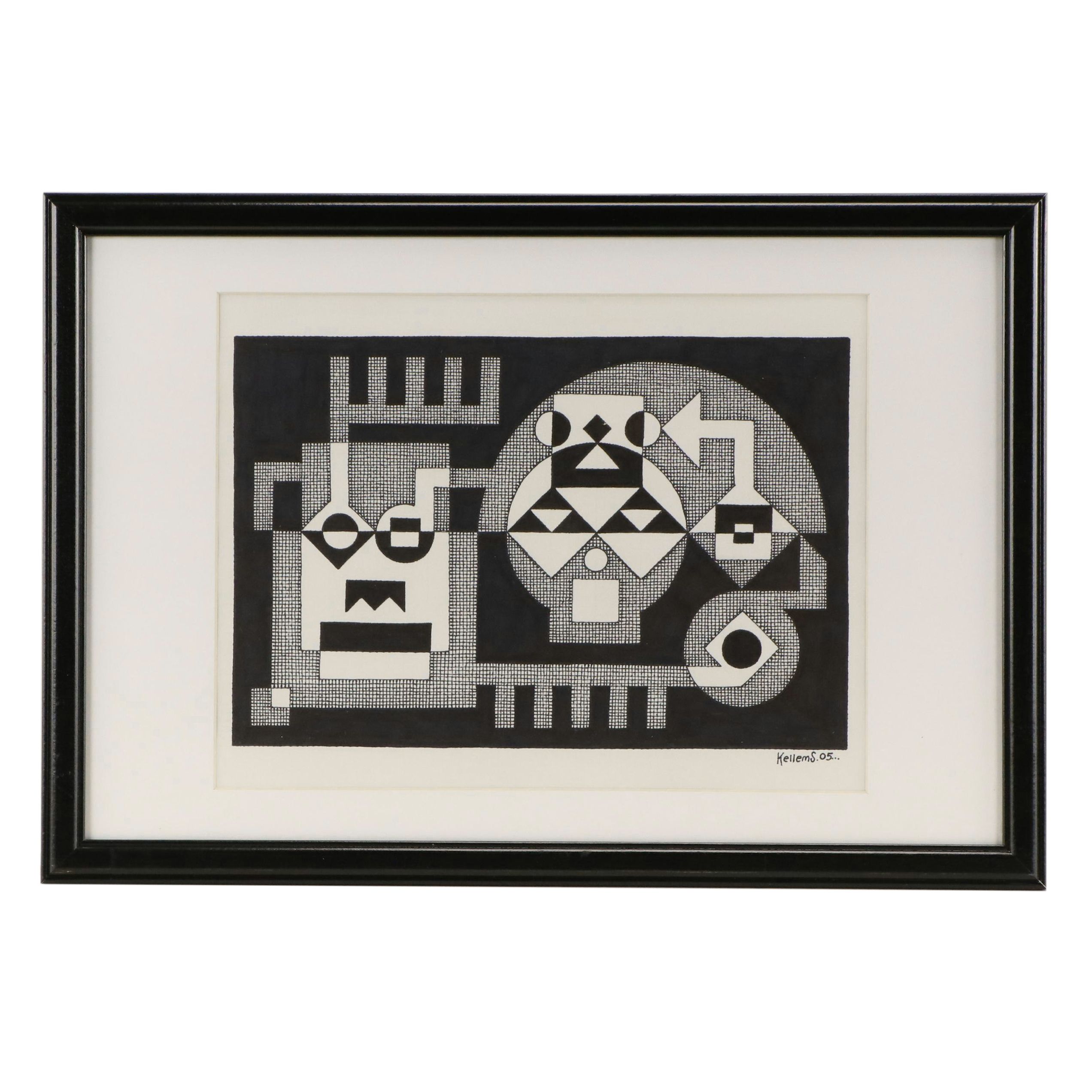 Jerry Quinton Kellems Figural Stylized Ink Drawing, 2005