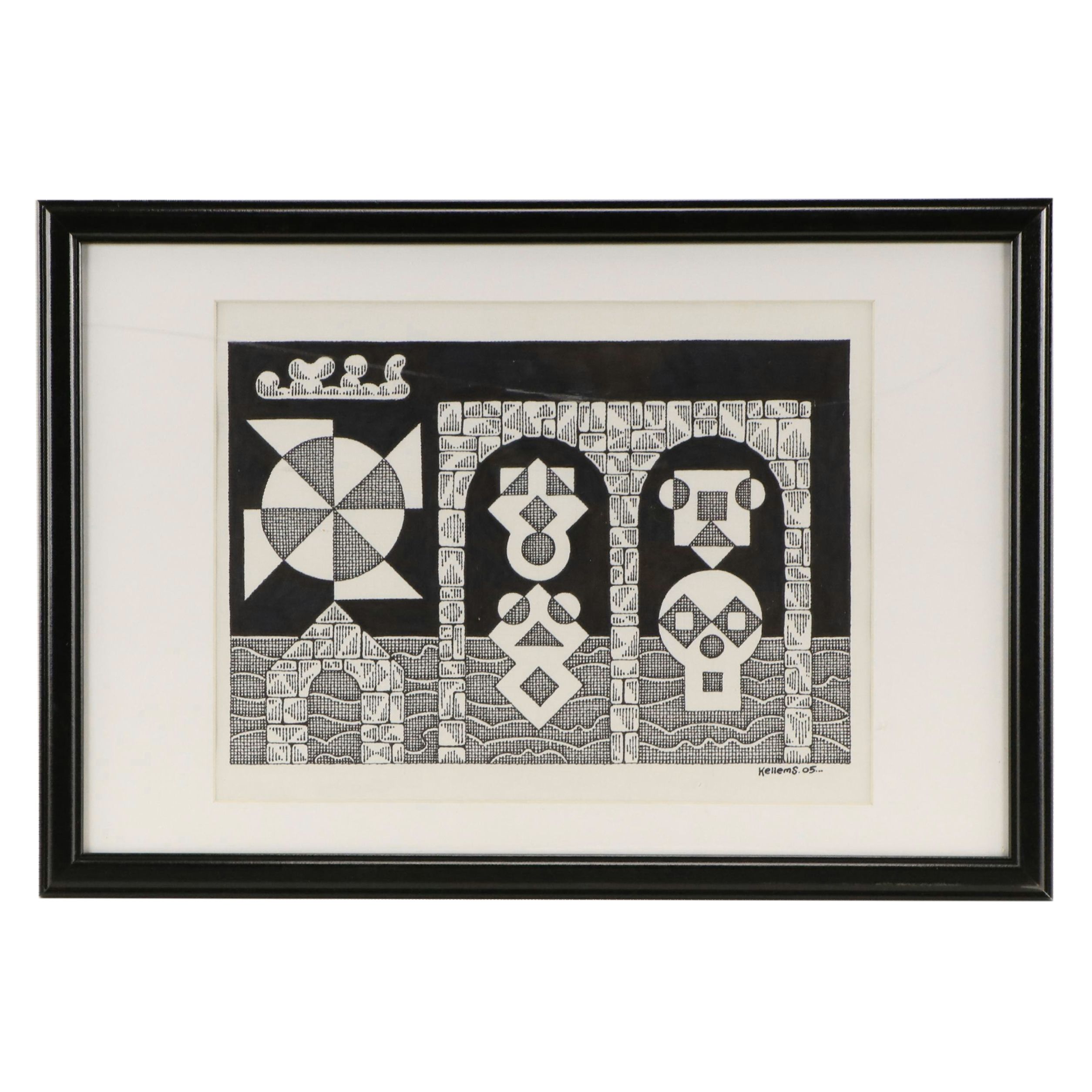 Jerry Quinton Kellems Figural Stylized Ink Drawing, 2005