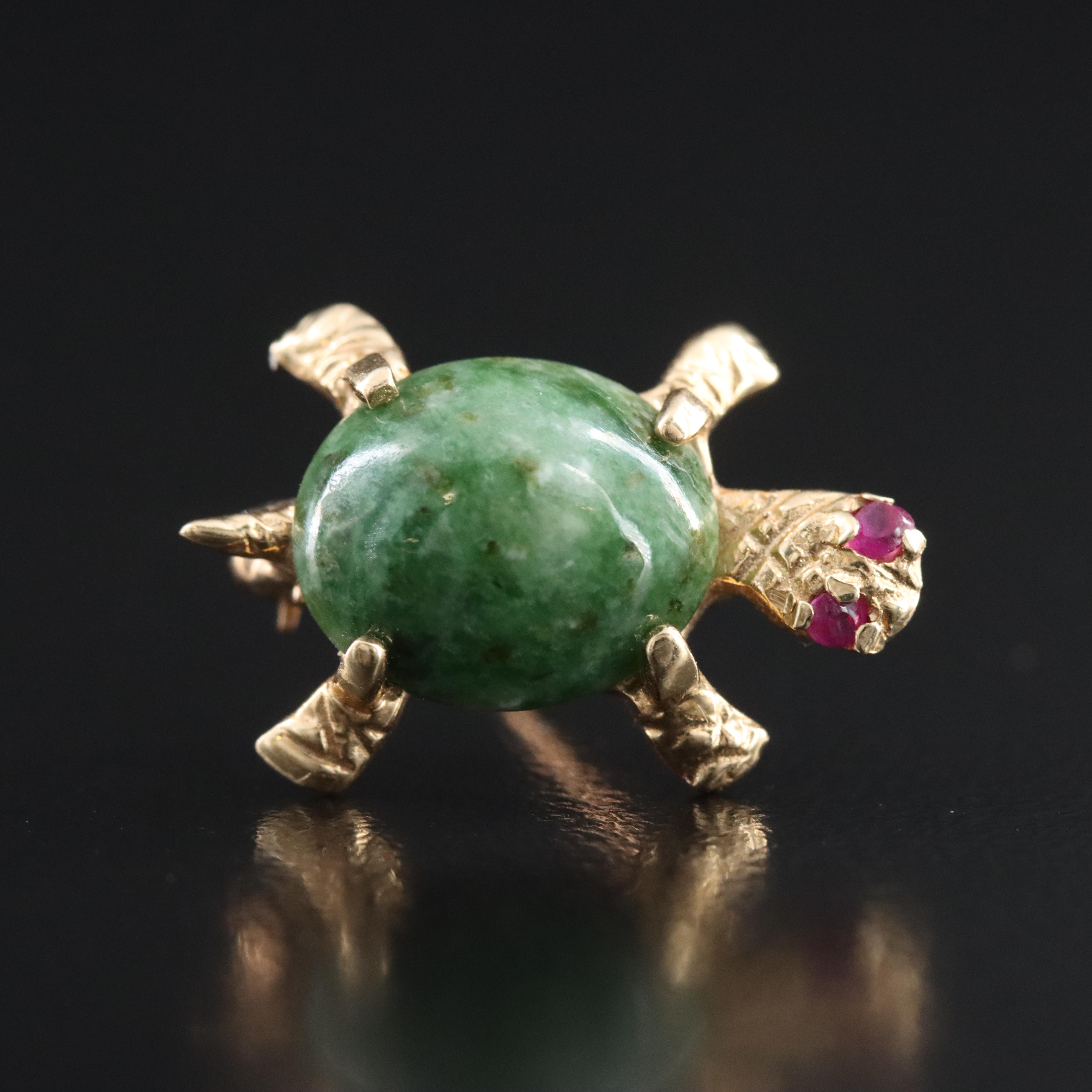 14K Nephrite and Ruby Turtle Brooch