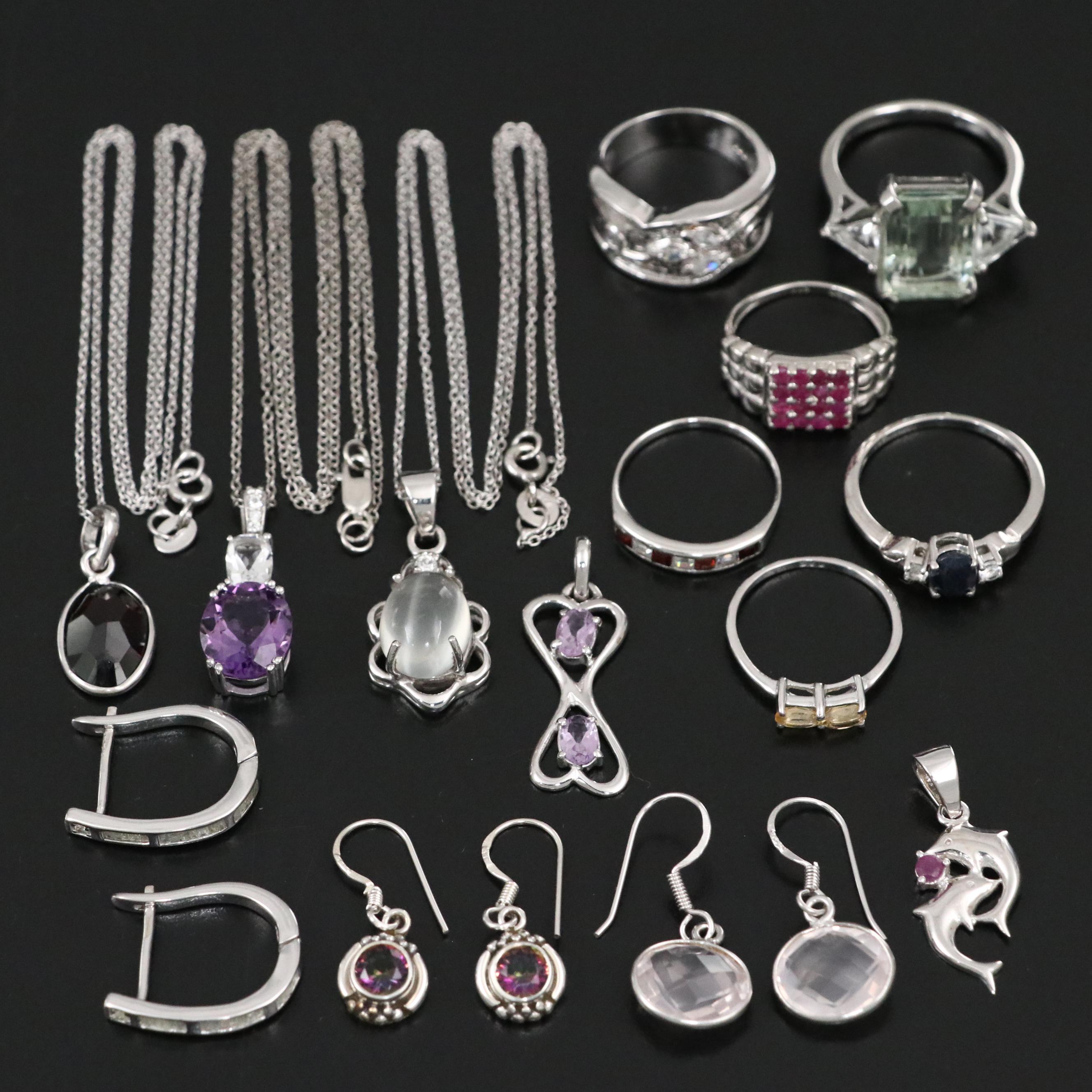 14 Assorted Sterling Silver Rings, Necklaces, Earrings, and Pendants