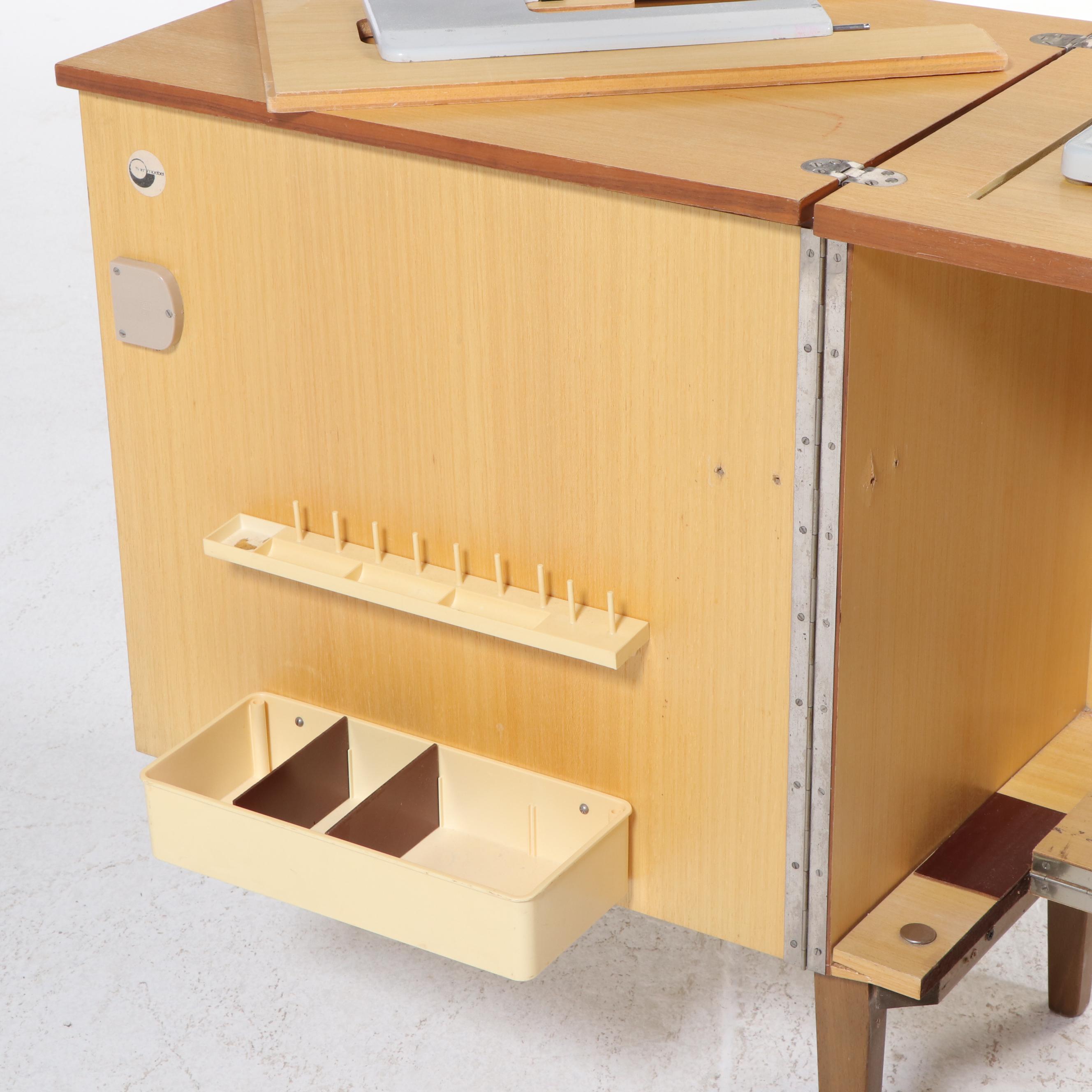 Pfaff 1222 Sewing Machine with MCM Style Walnut Veneer Sewing Cabinet