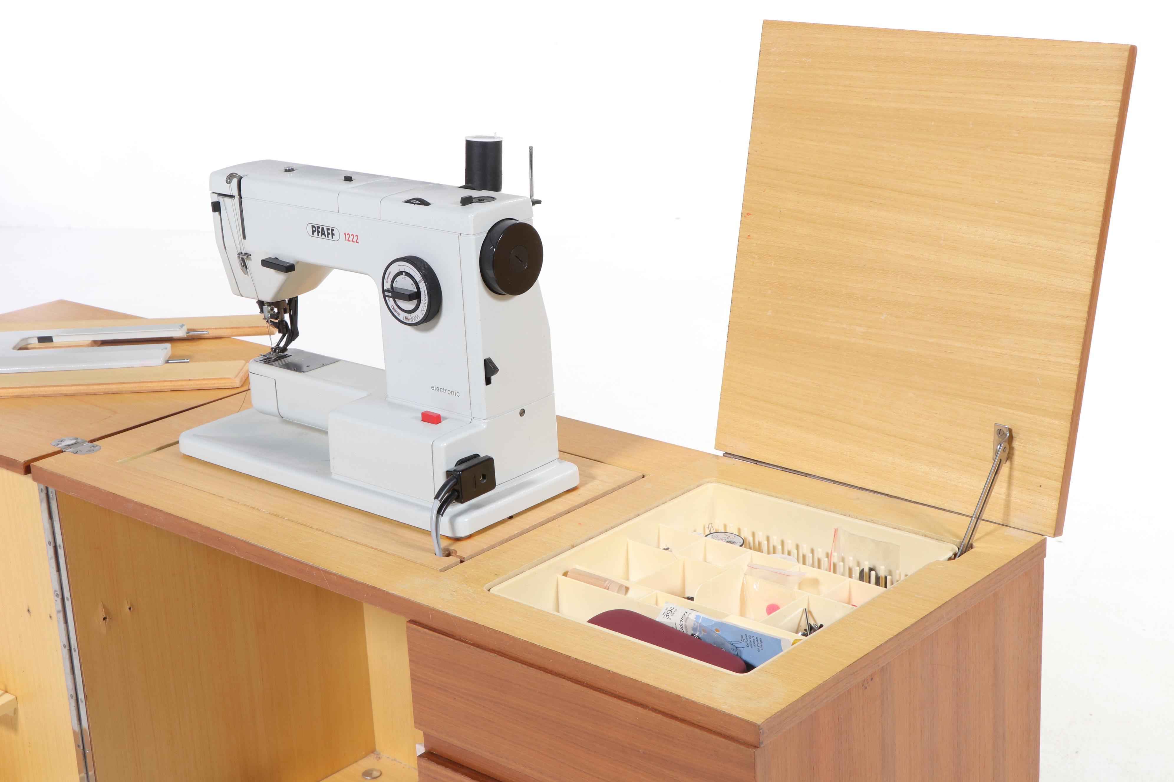 Pfaff 1222 Sewing Machine with MCM Style Walnut Veneer Sewing Cabinet