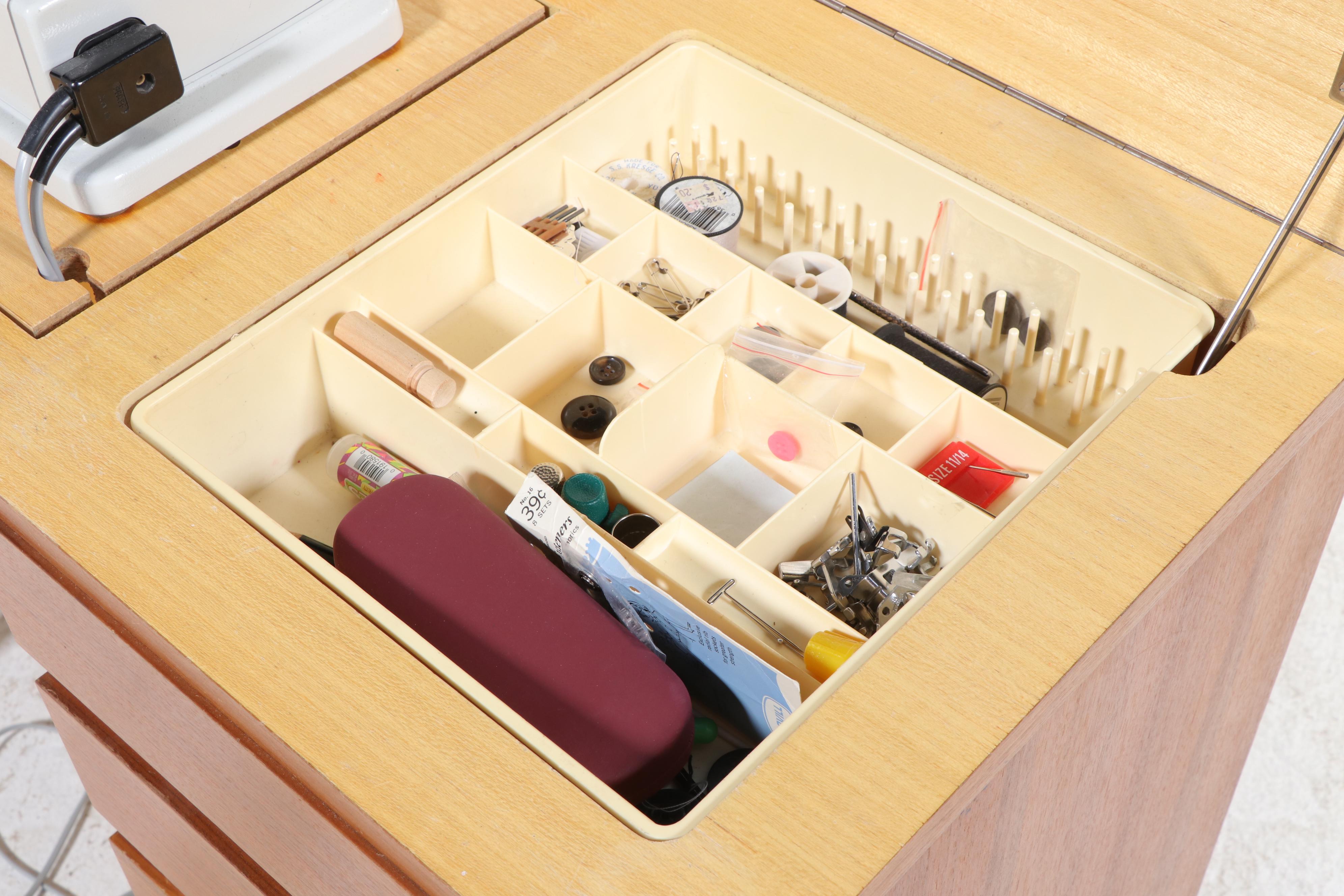 Pfaff 1222 Sewing Machine with MCM Style Walnut Veneer Sewing Cabinet