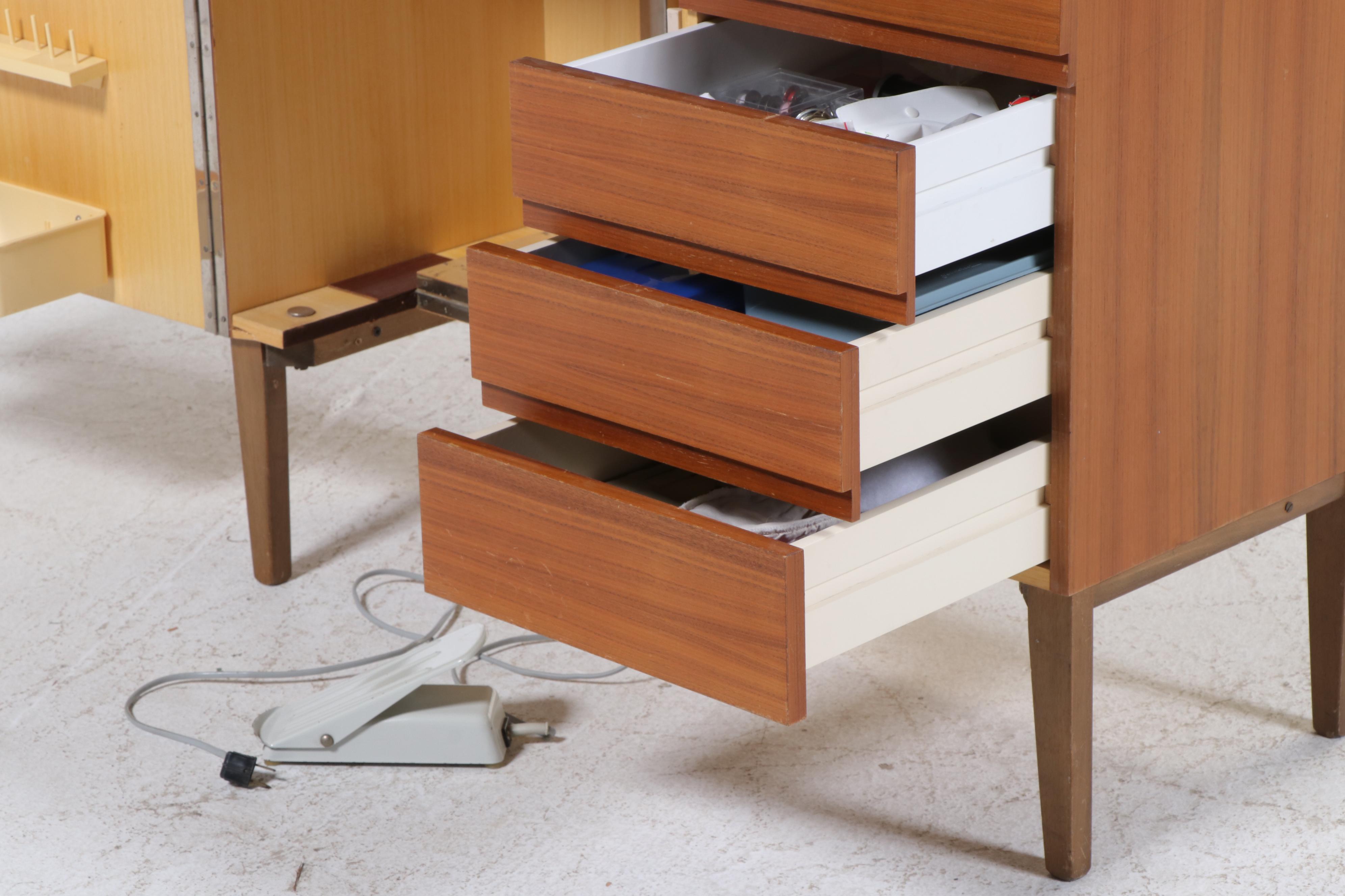 Pfaff 1222 Sewing Machine with MCM Style Walnut Veneer Sewing Cabinet