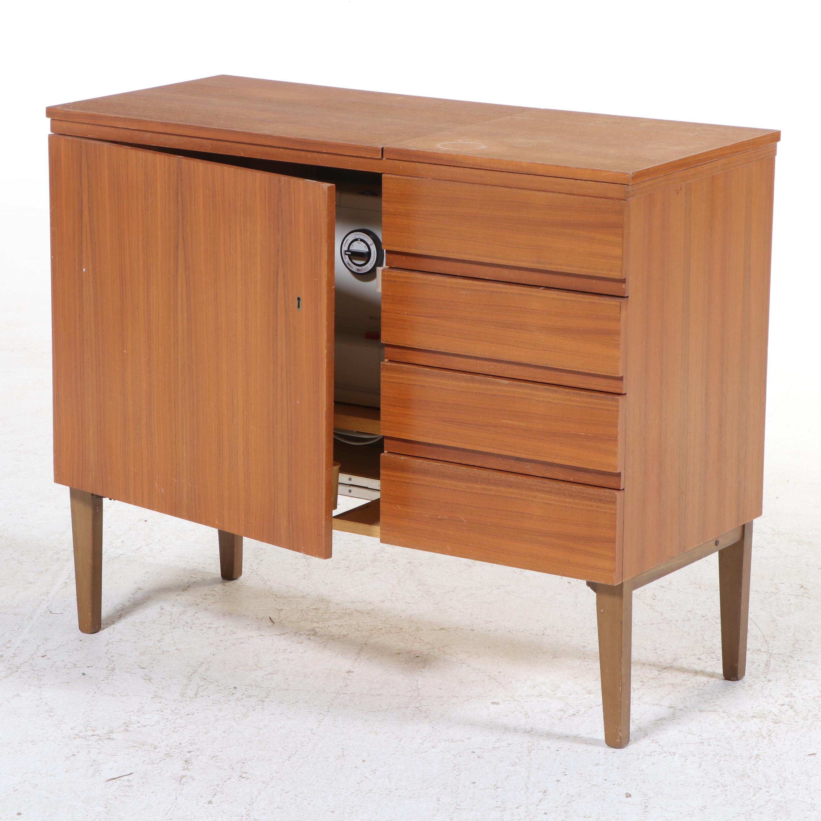 Pfaff 1222 Sewing Machine with MCM Style Walnut Veneer Sewing Cabinet