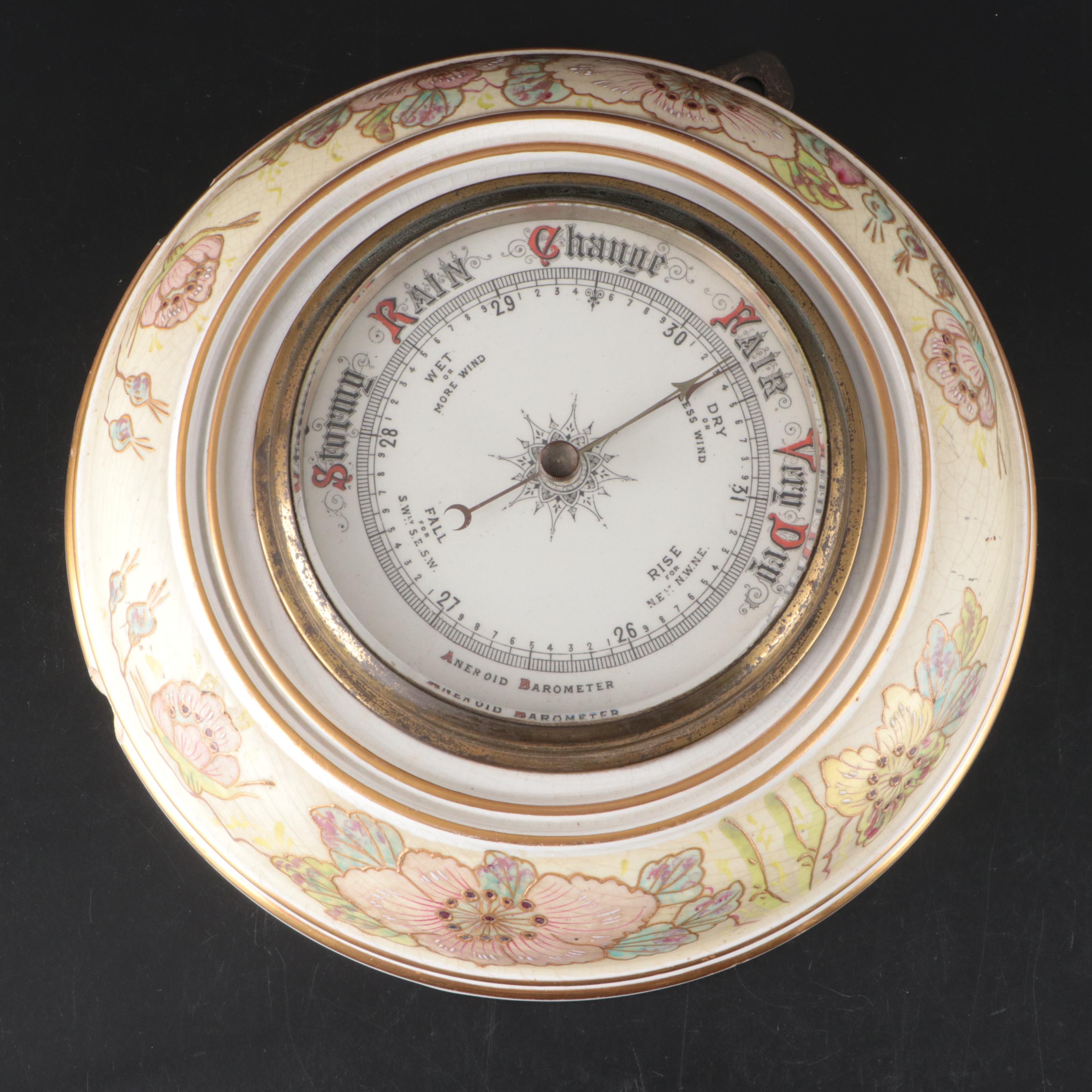 Hand-Enameled and Gilt Ceramic Wall Mount Aneroid Barometer, Early–Mid-20th C.
