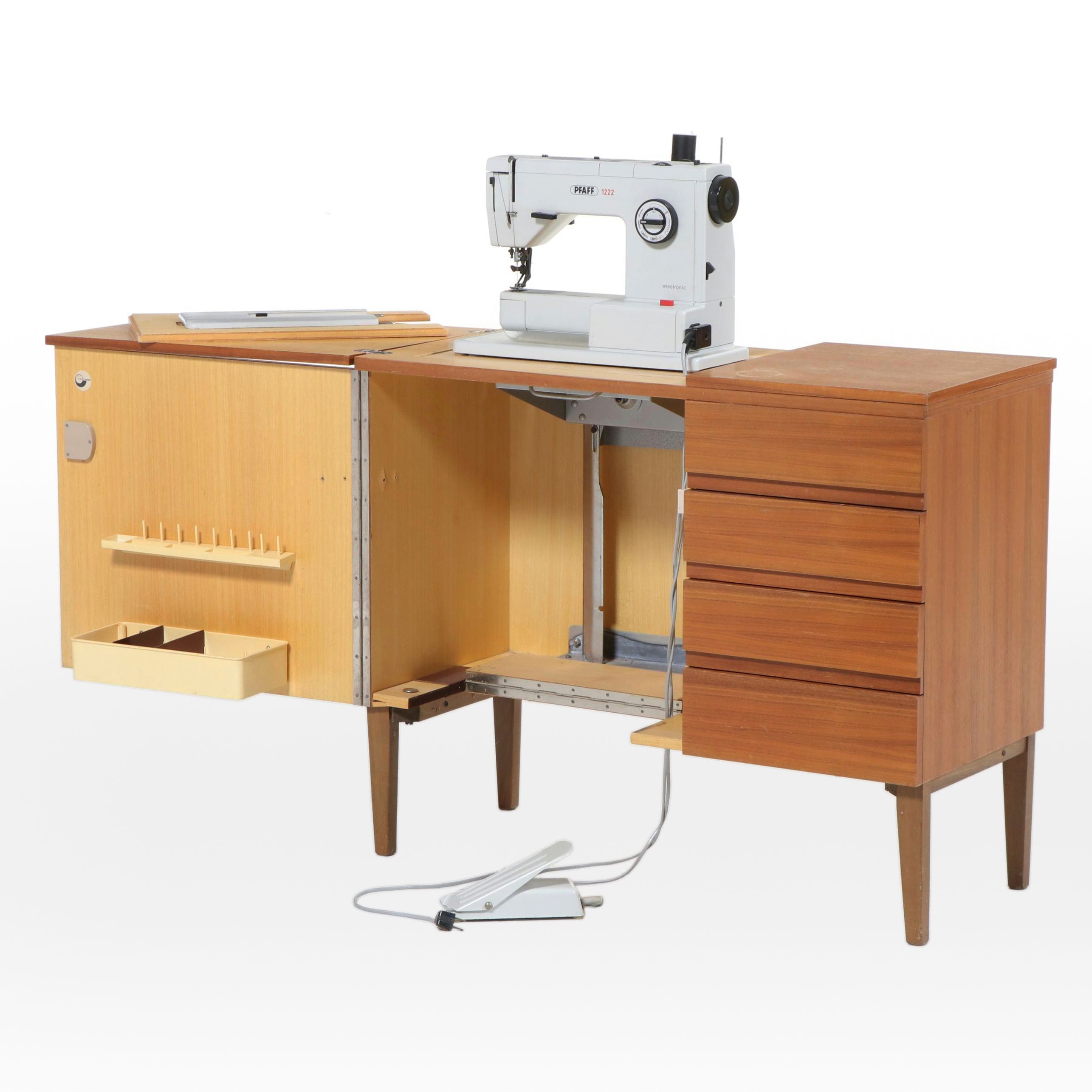 Pfaff 1222 Sewing Machine with MCM Style Walnut Veneer Sewing Cabinet