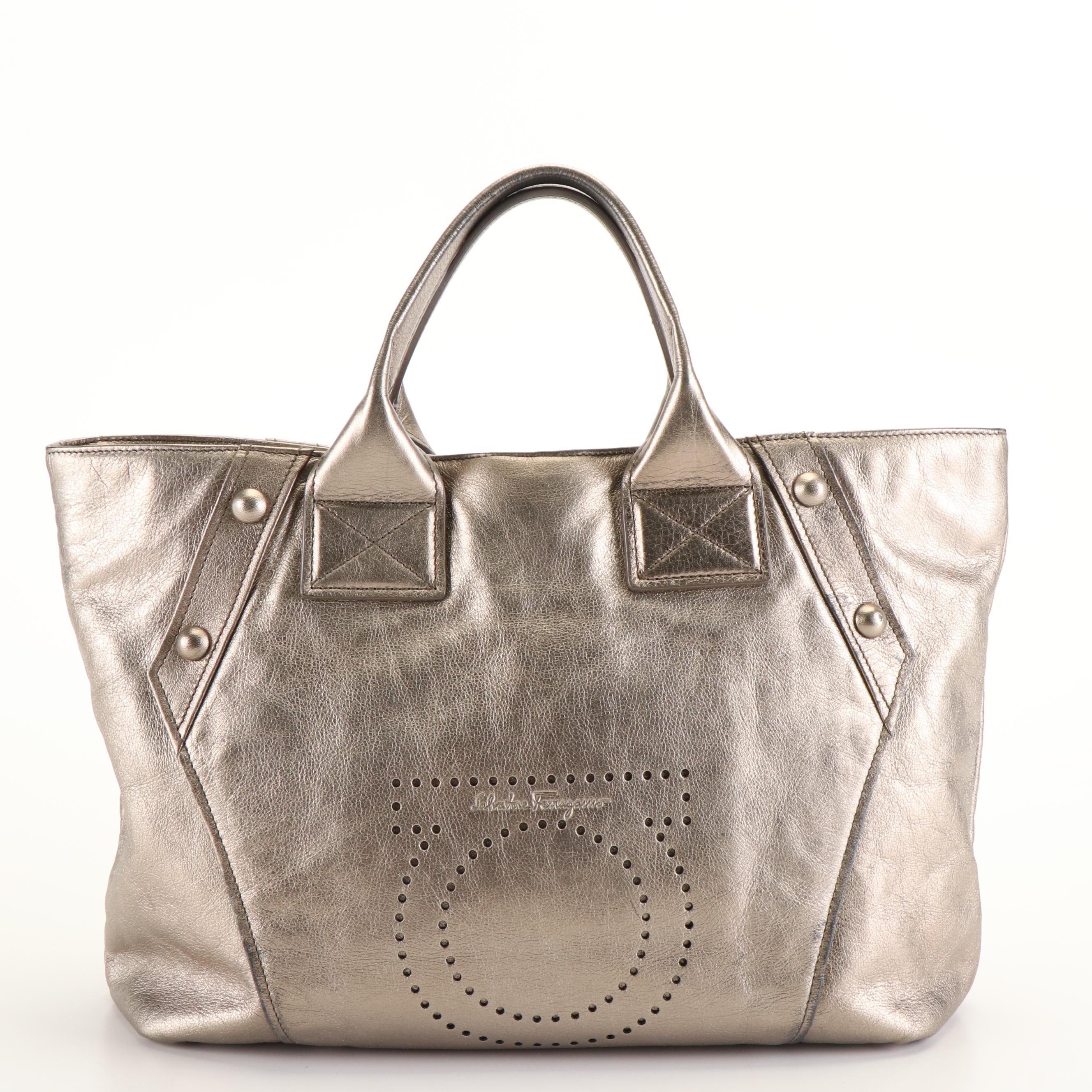 Salvatore Ferragamo Perforated Gancini Tote Bag in Metallic Leather