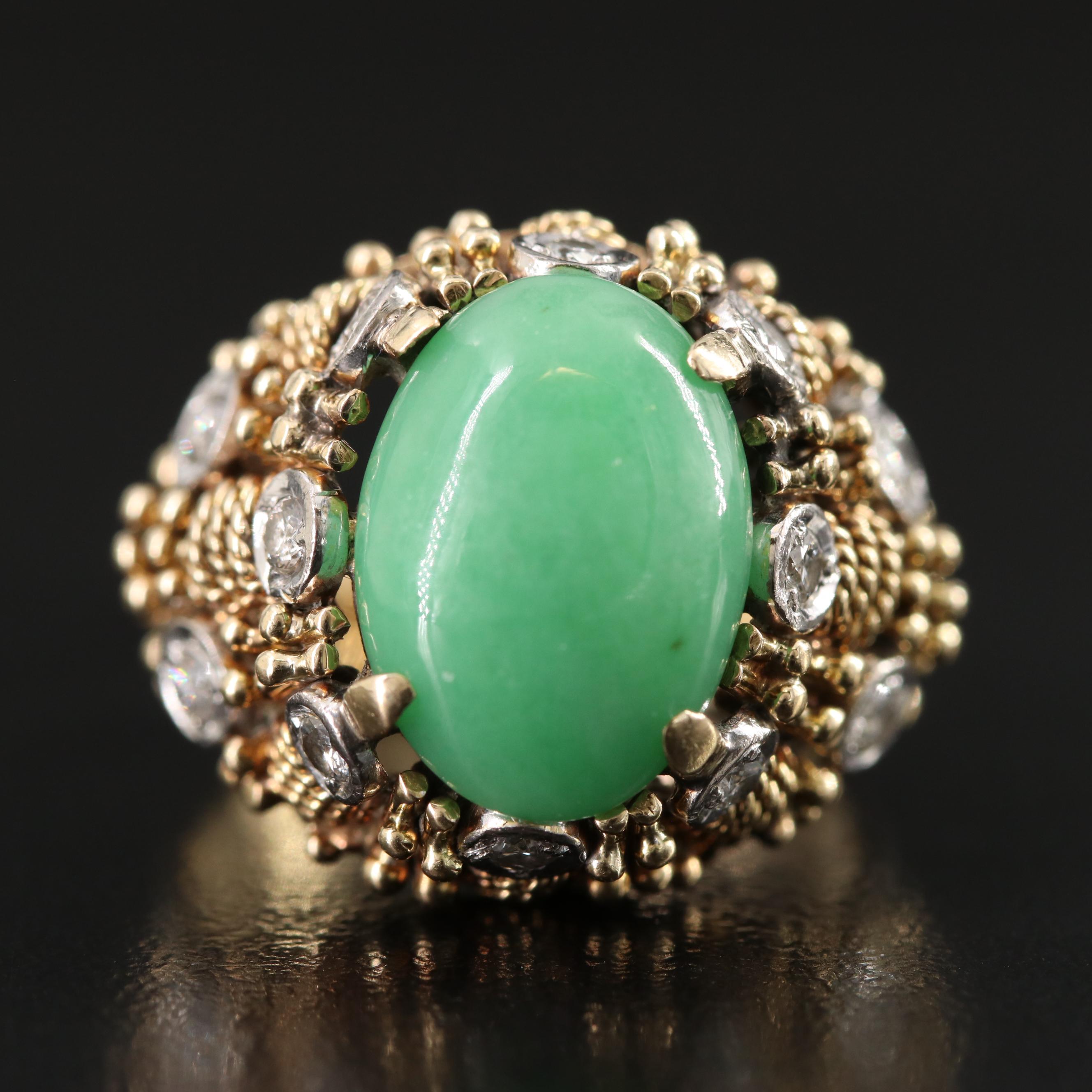 14K Jadeite and Diamond Basket Weave Ring