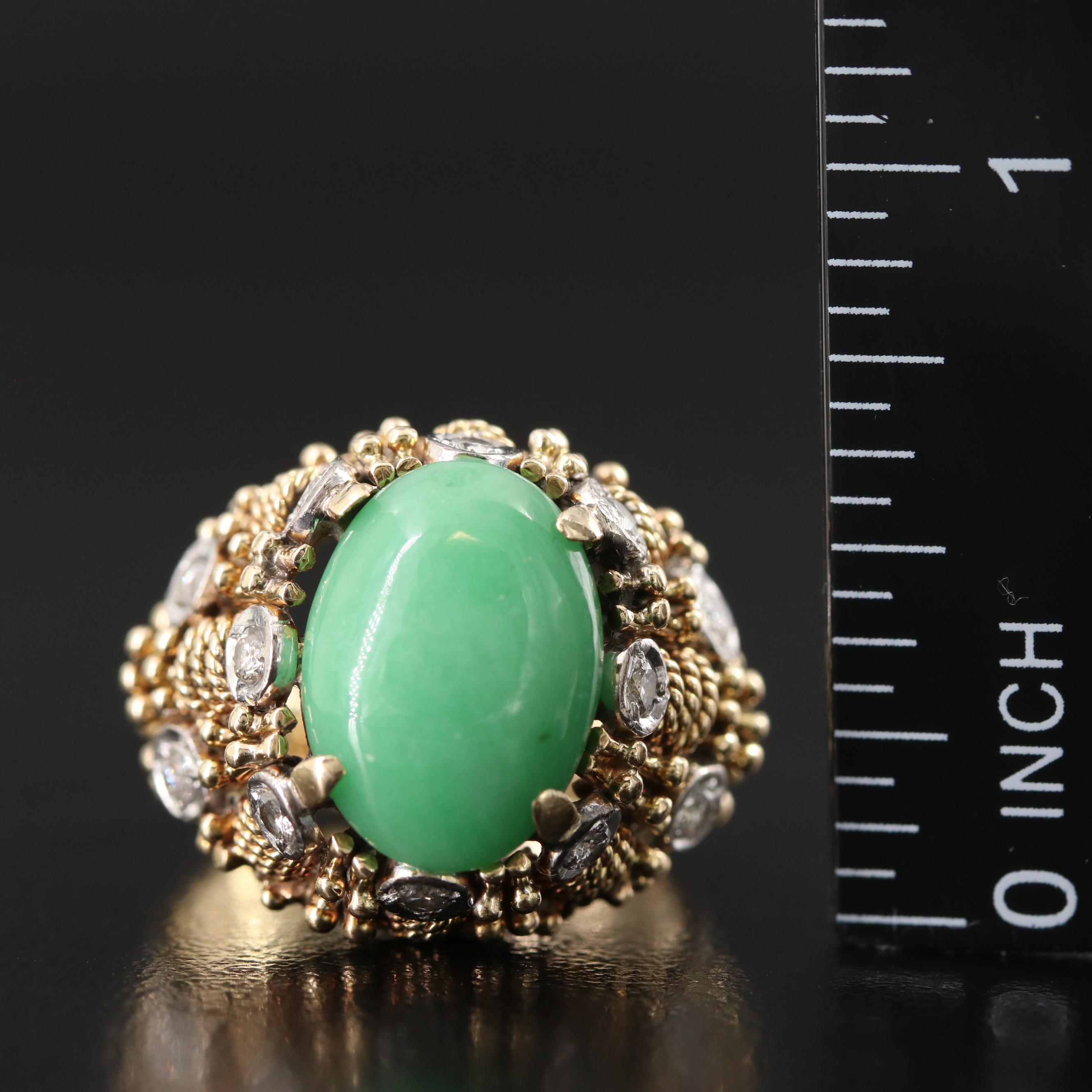 14K Jadeite and Diamond Basket Weave Ring