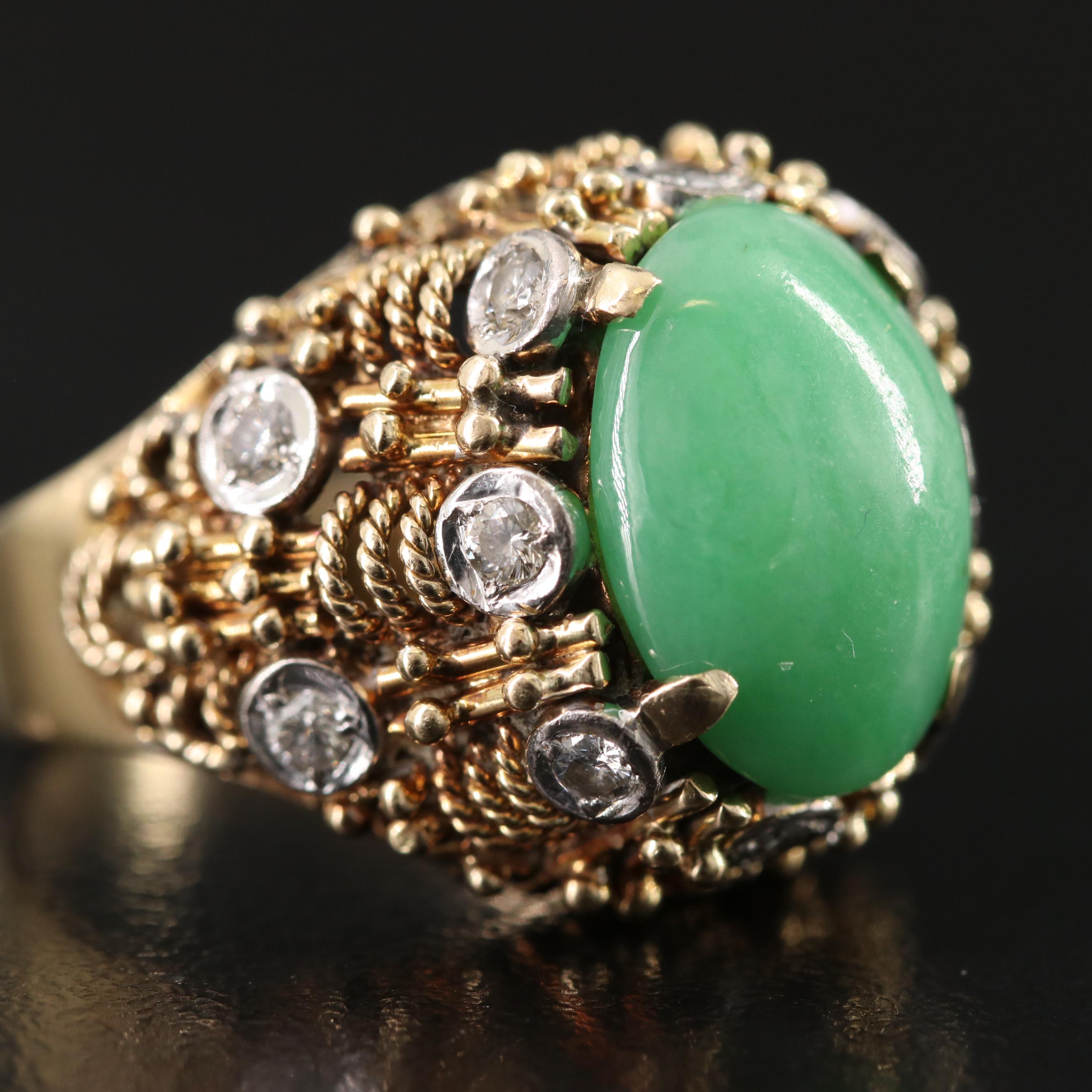 14K Jadeite and Diamond Basket Weave Ring