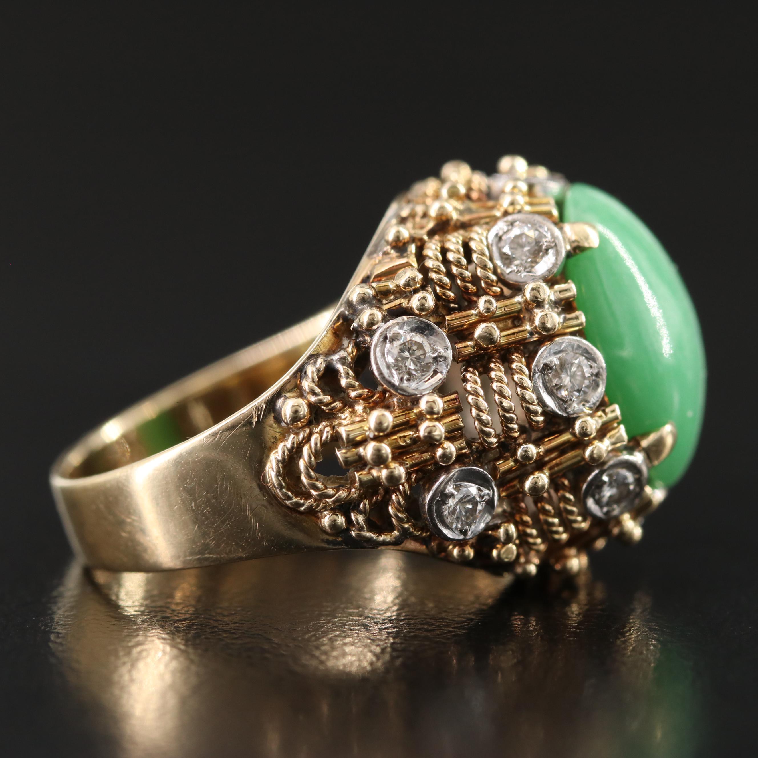 14K Jadeite and Diamond Basket Weave Ring