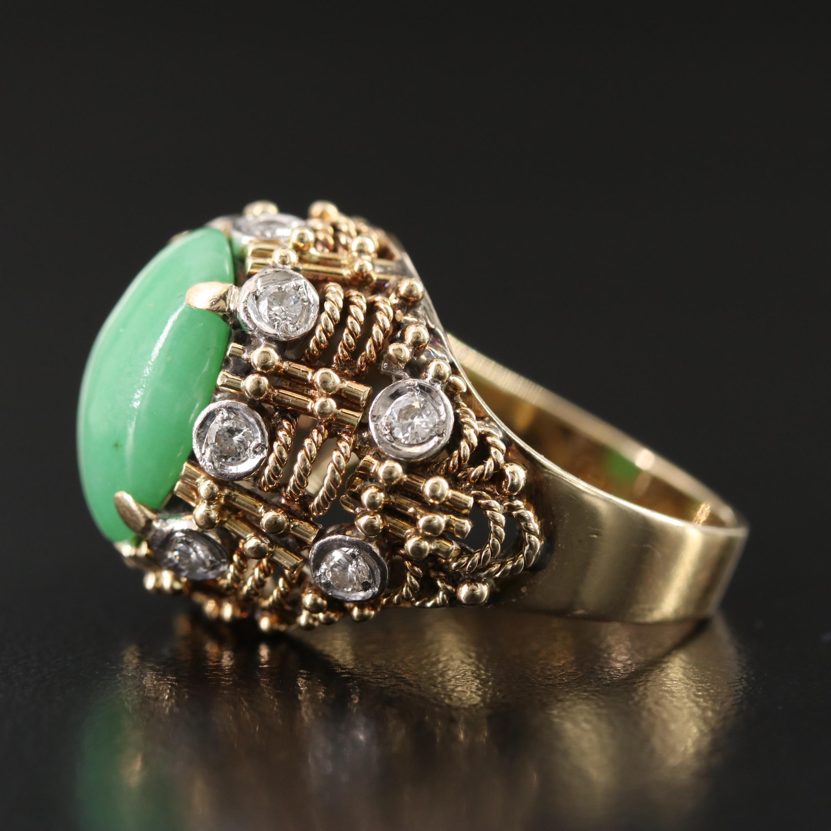 14K Jadeite and Diamond Basket Weave Ring