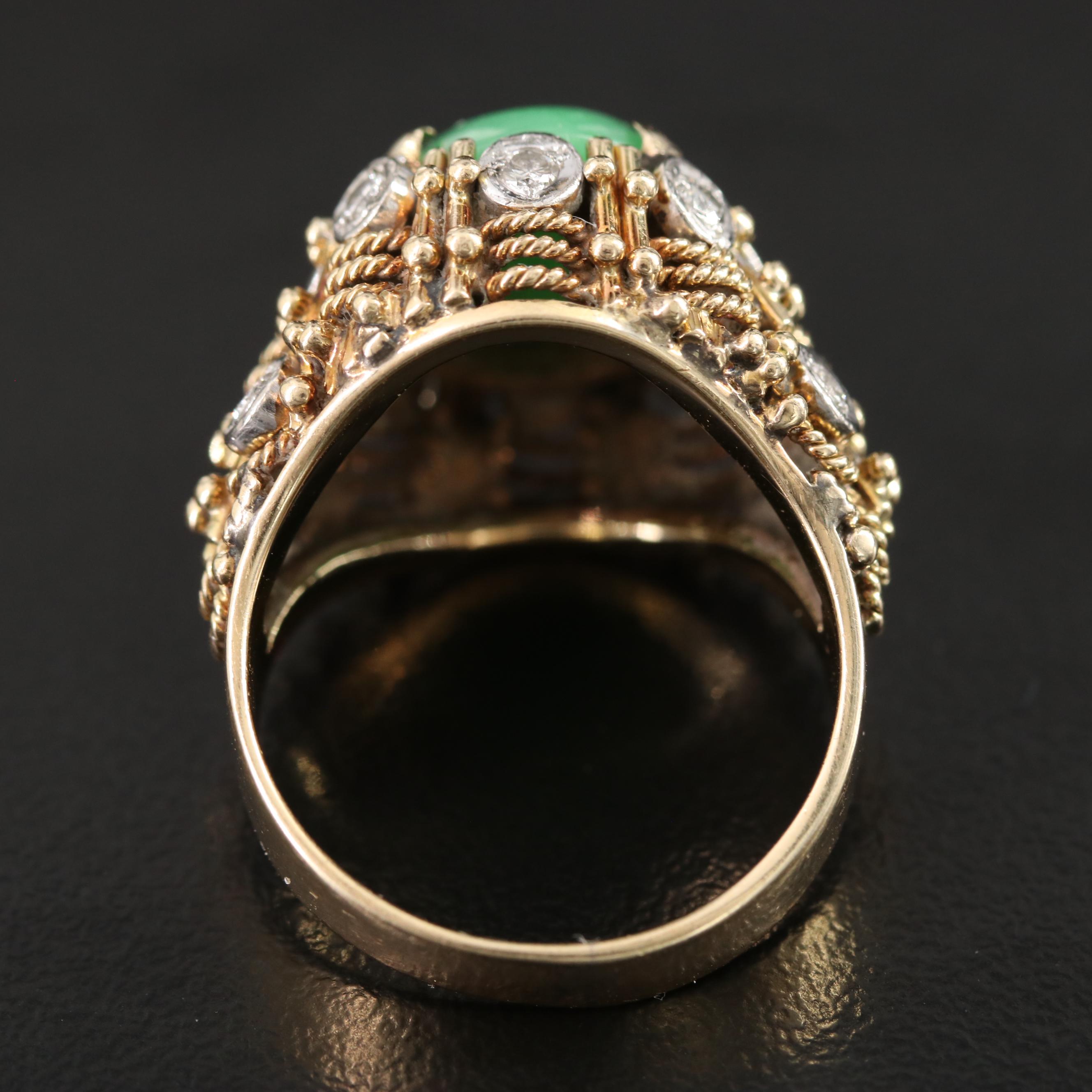 14K Jadeite and Diamond Basket Weave Ring