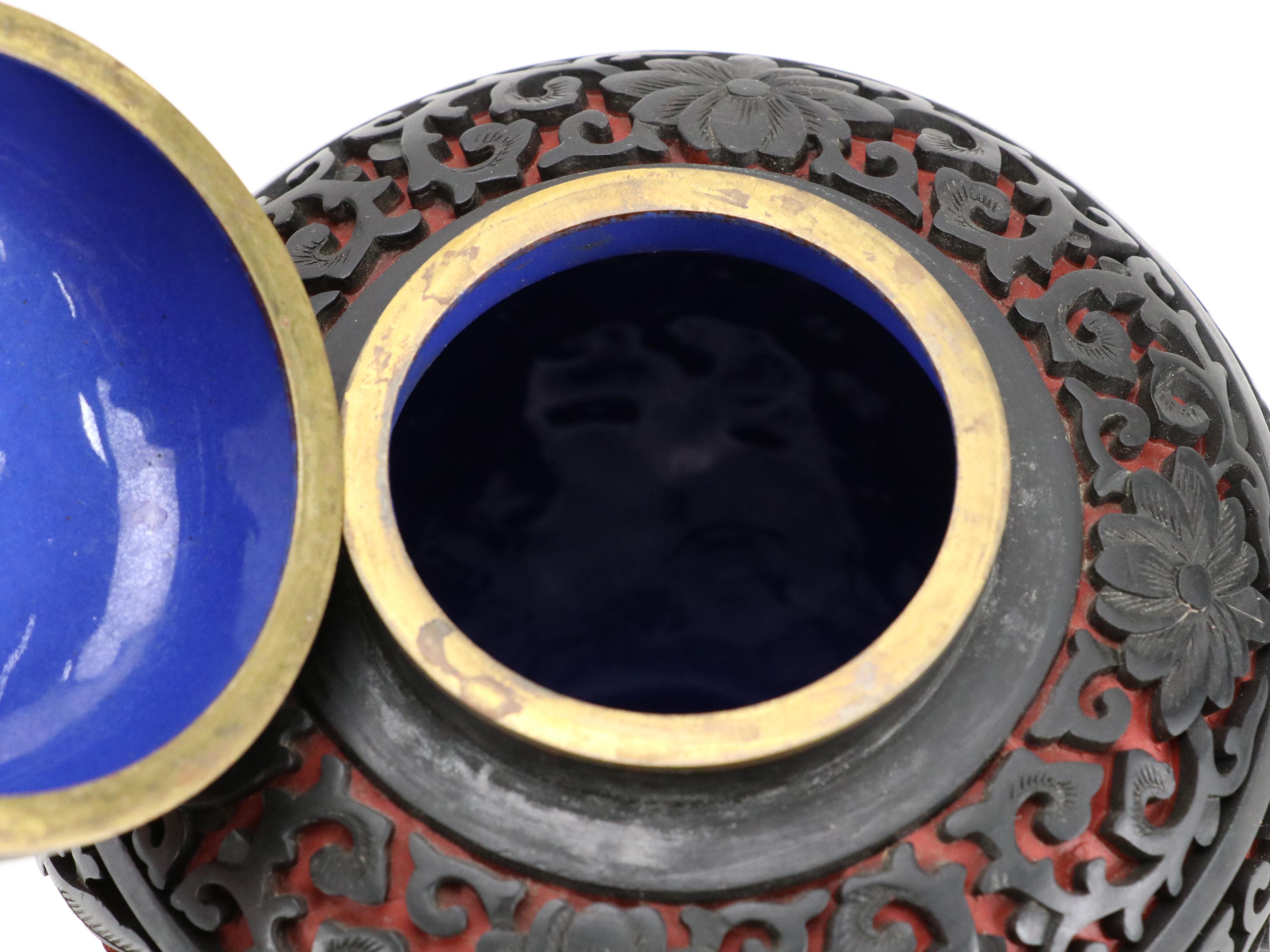 Chinese Black on Red Cinnabar Ginger Jar with Ebonized Wood Stand