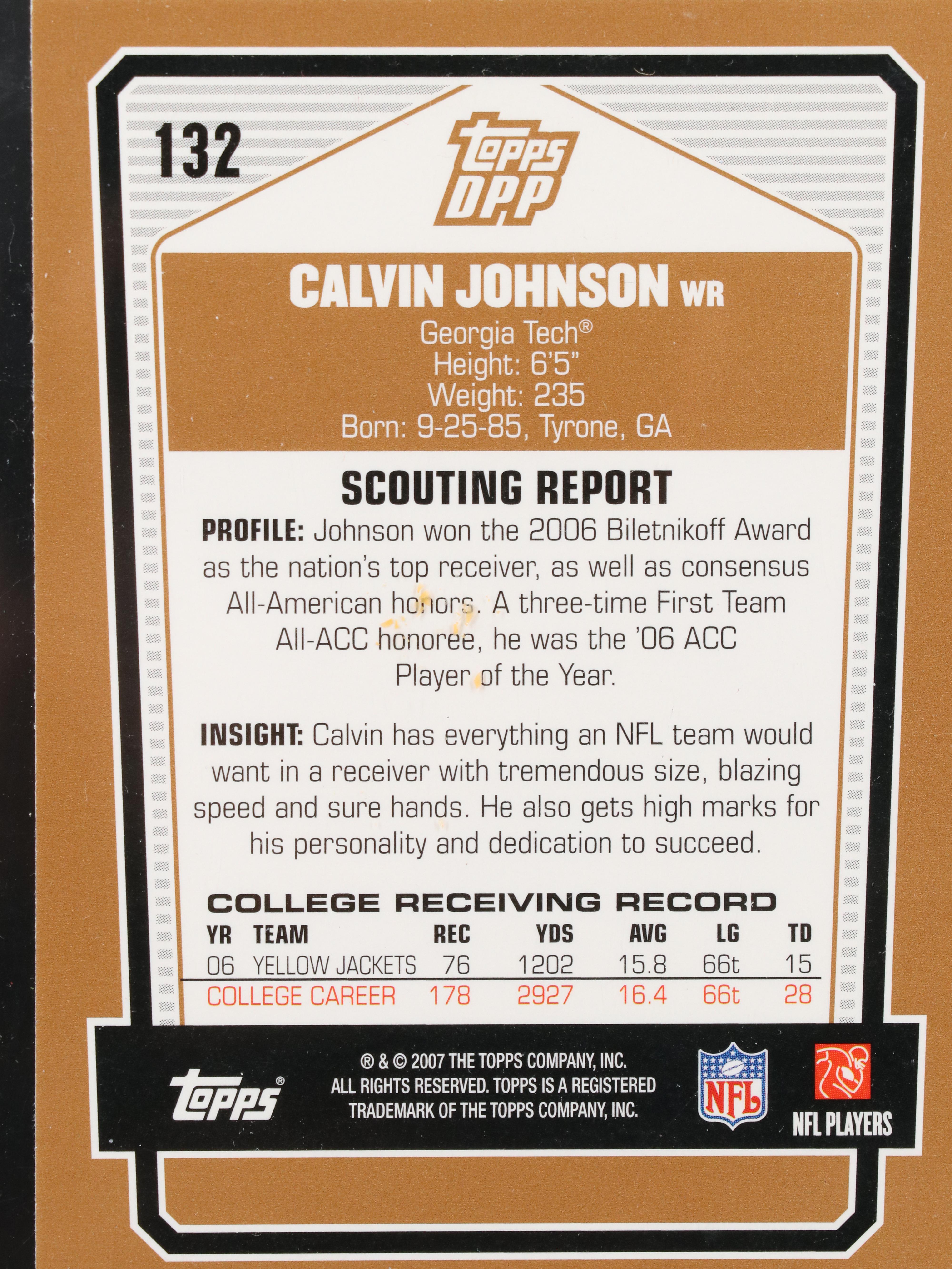 2007 Topps DPP Calvin Johnson Georgia Tech Rookie Football Card