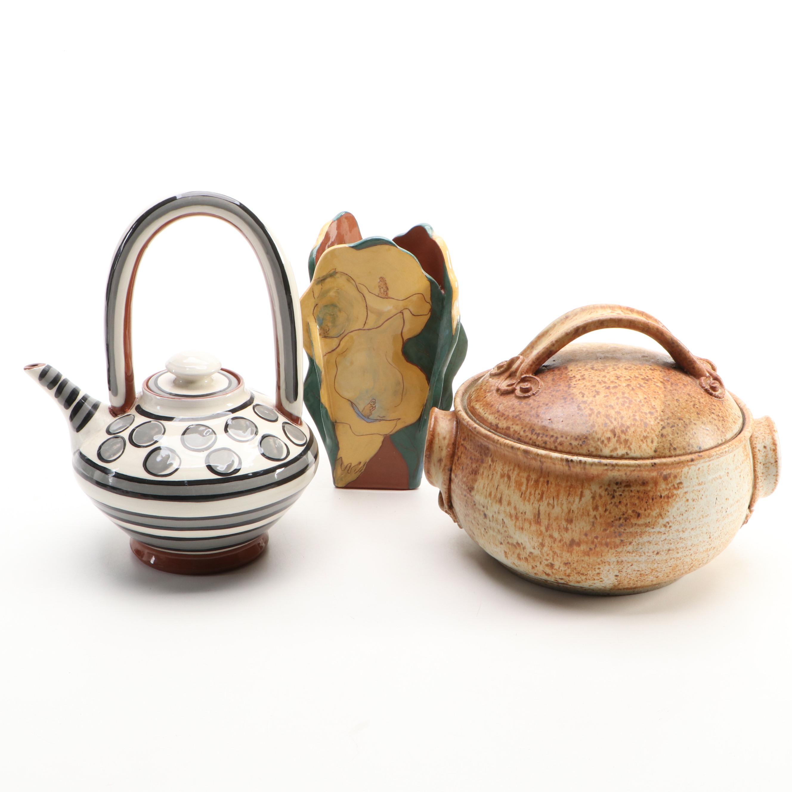 Artist Signed Ceramic Teapot with Ceramic Vase and Lidded Dish