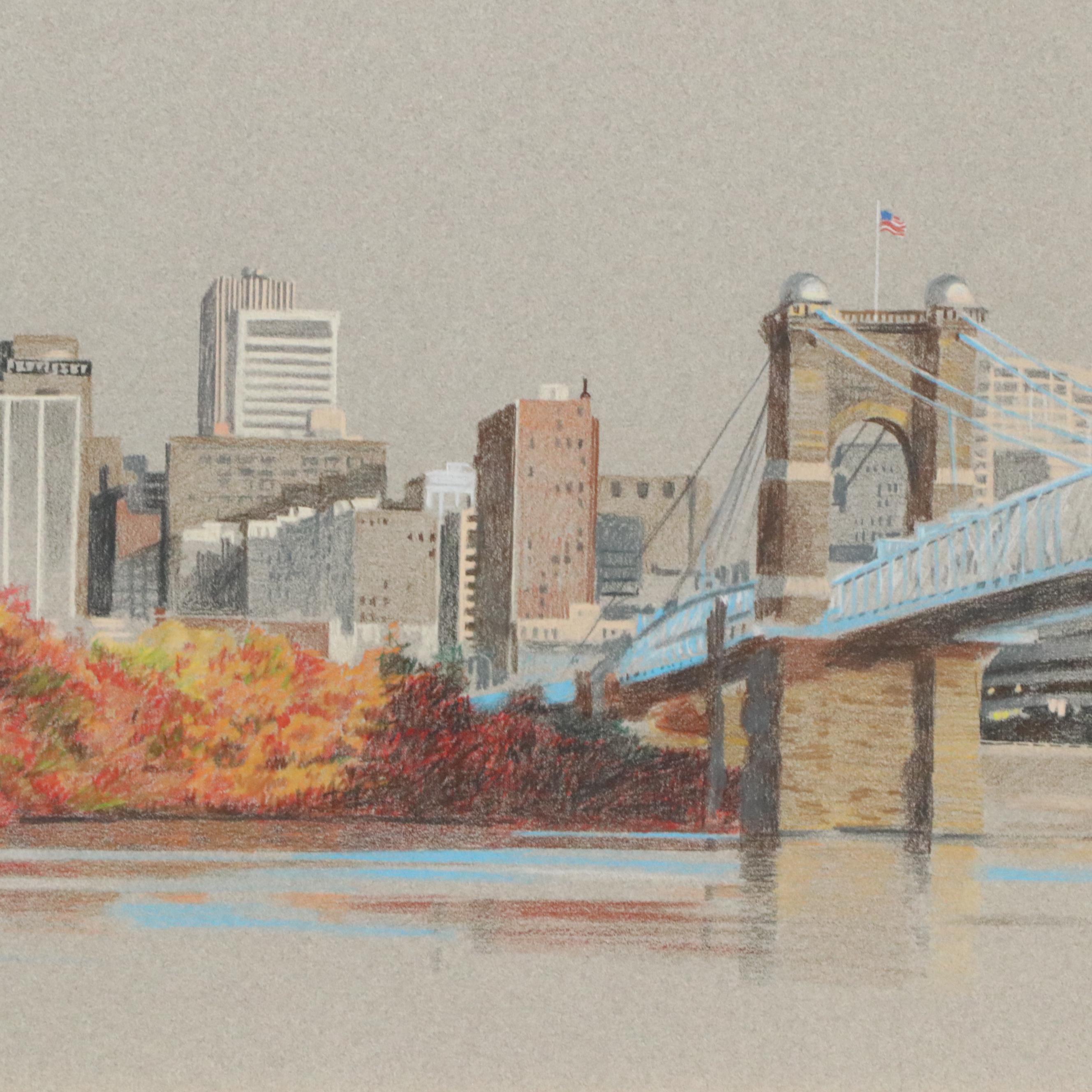Joan Rothel Pastel Drawing of Cincinnati Skyline, Late 20th Century