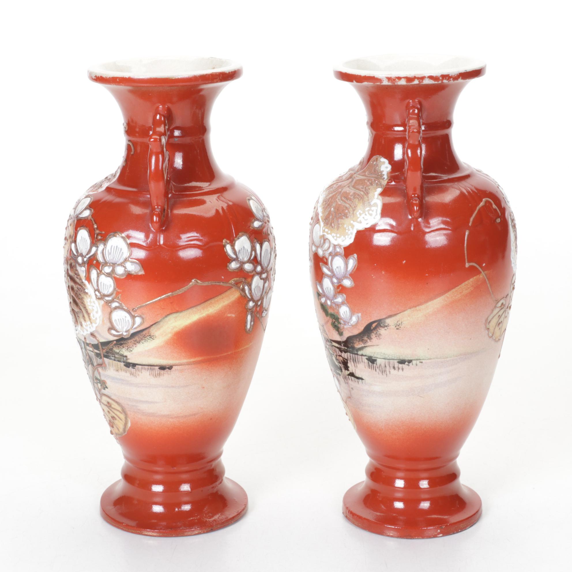 Japanese Satsuma Pair of Rust Earthenware Vases with Floral Gilt Accents