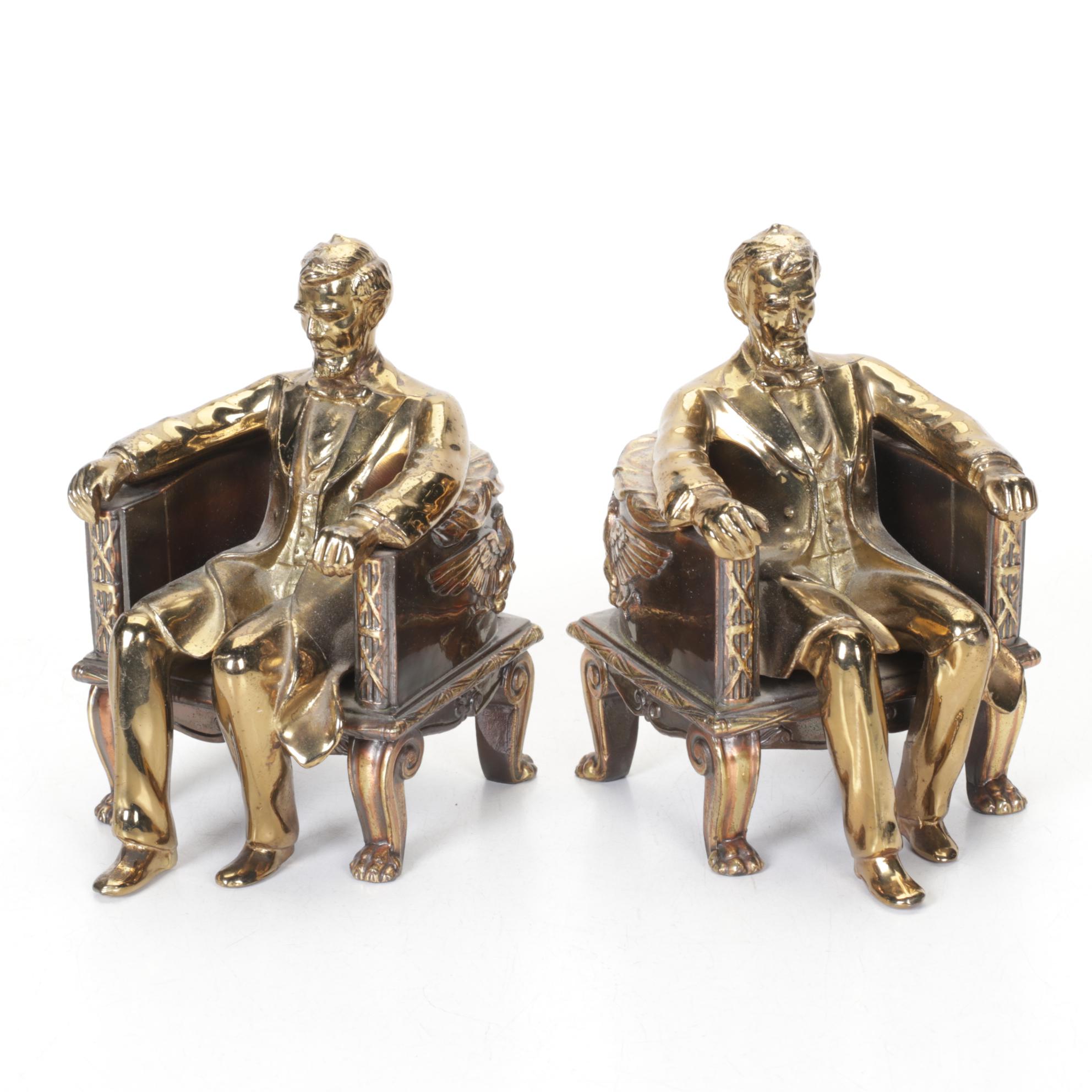 Abraham Lincoln Brass-Finished Cast Metal Bookends, Pair, Late 20th Century