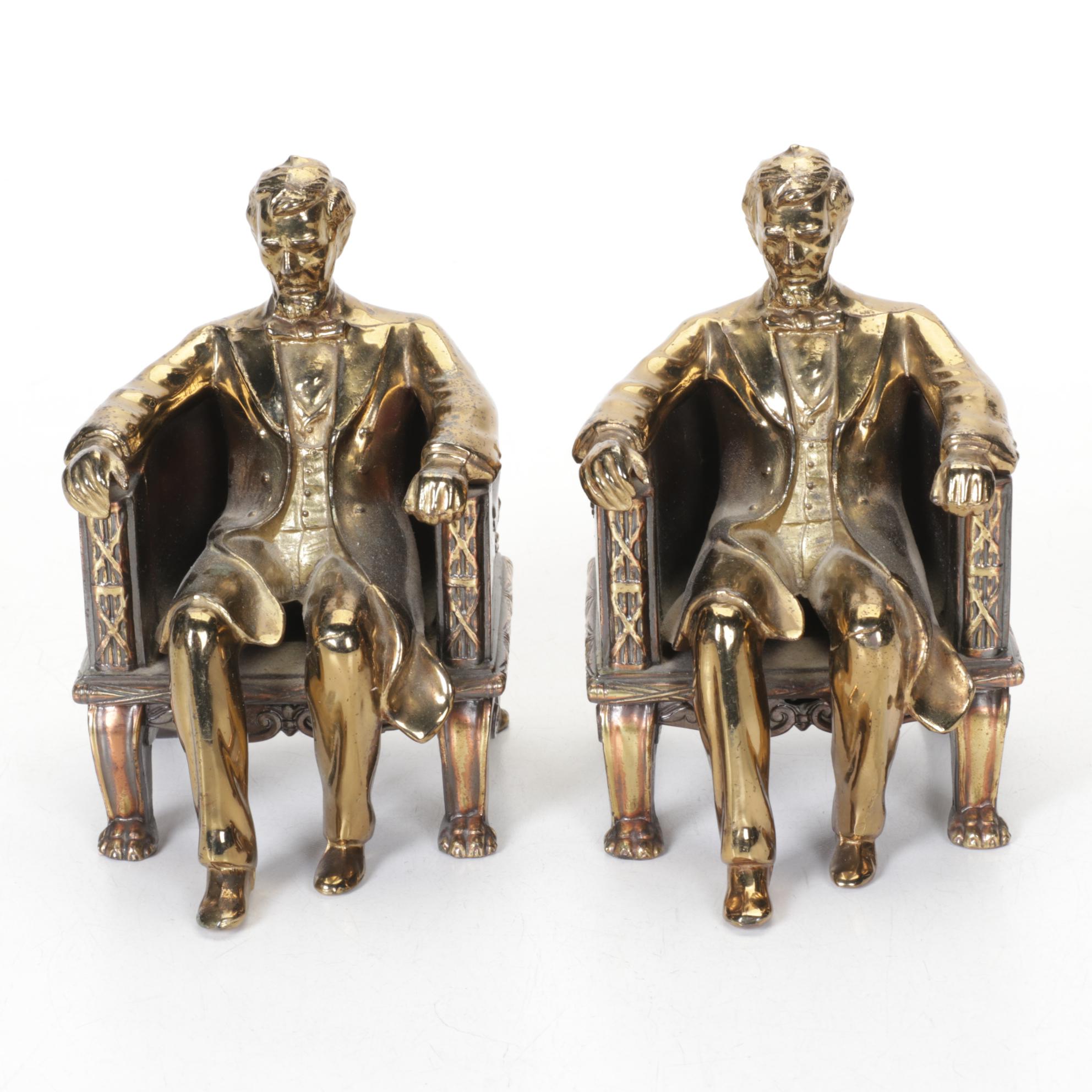 Abraham Lincoln Brass-Finished Cast Metal Bookends, Pair, Late 20th Century