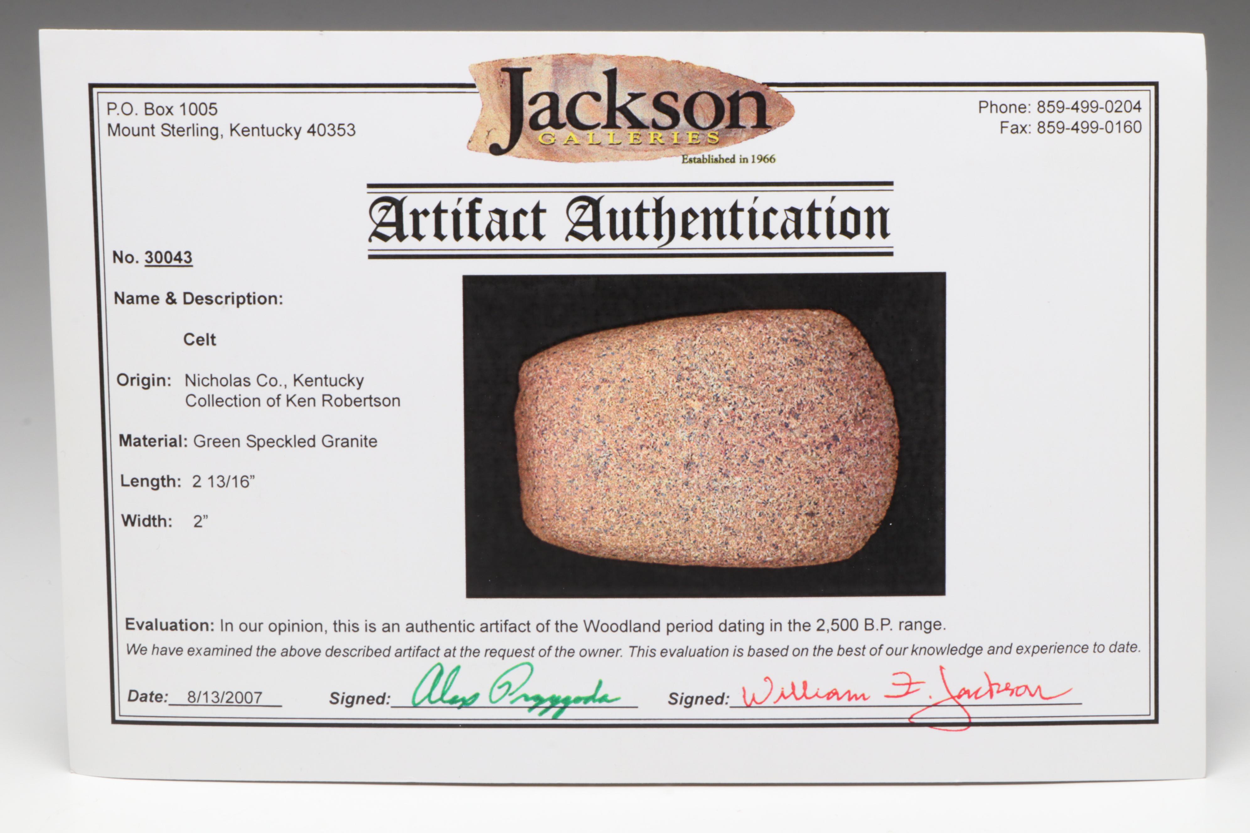 Native American Speckled Granite Axe Head and Celt, Circa 2,500–3,000 BCE