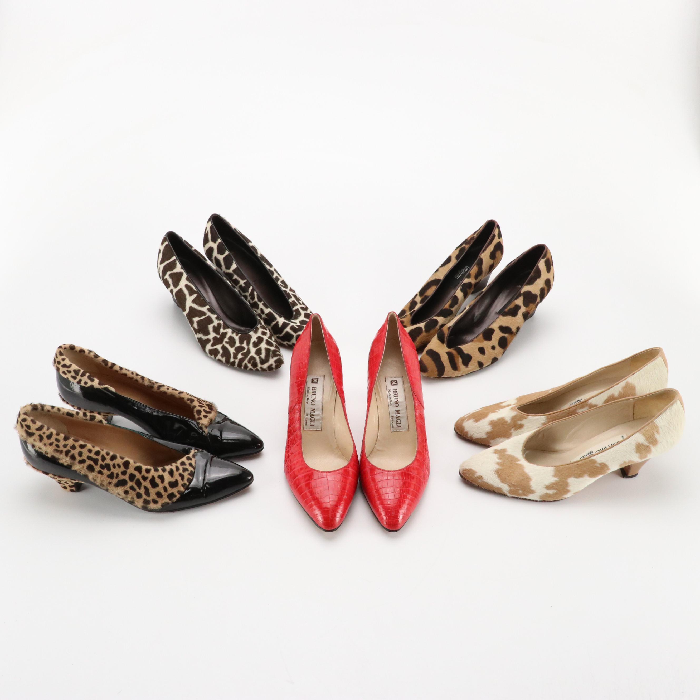 Bruno Magli Red Croc Embossed Pumps with Other Animal Printed Calf Hair Heels