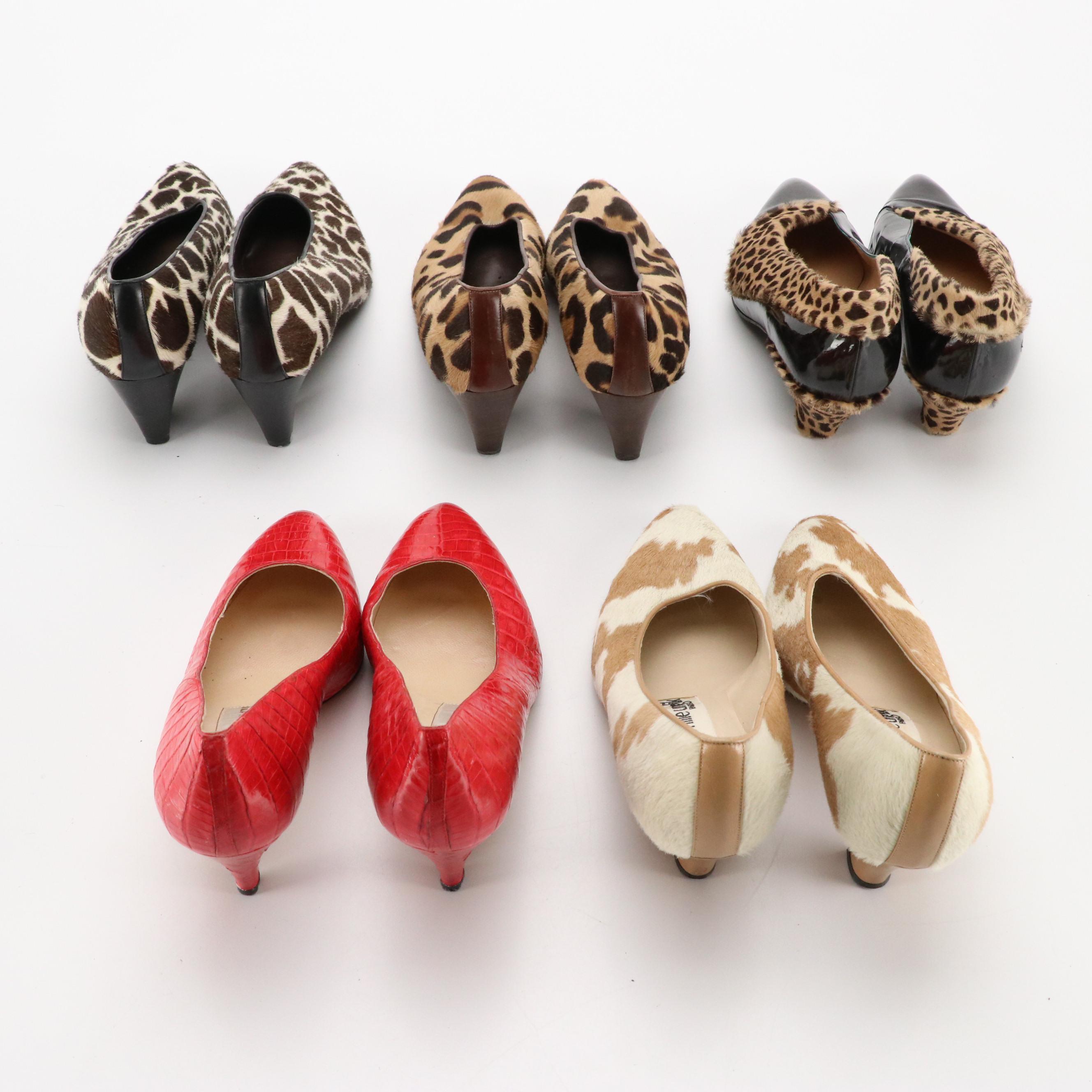 Bruno Magli Red Croc Embossed Pumps with Other Animal Printed Calf Hair Heels