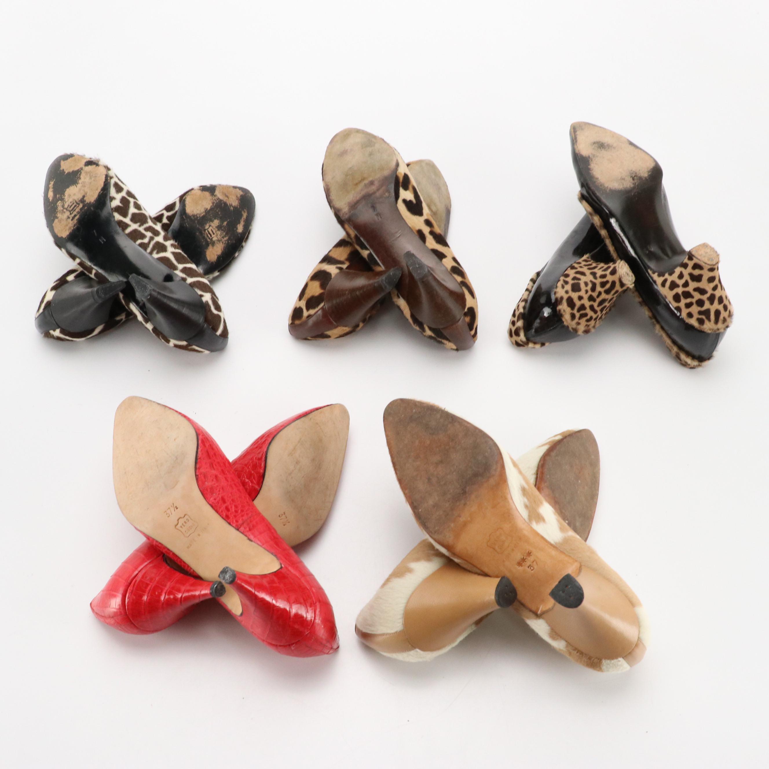 Bruno Magli Red Croc Embossed Pumps with Other Animal Printed Calf Hair Heels