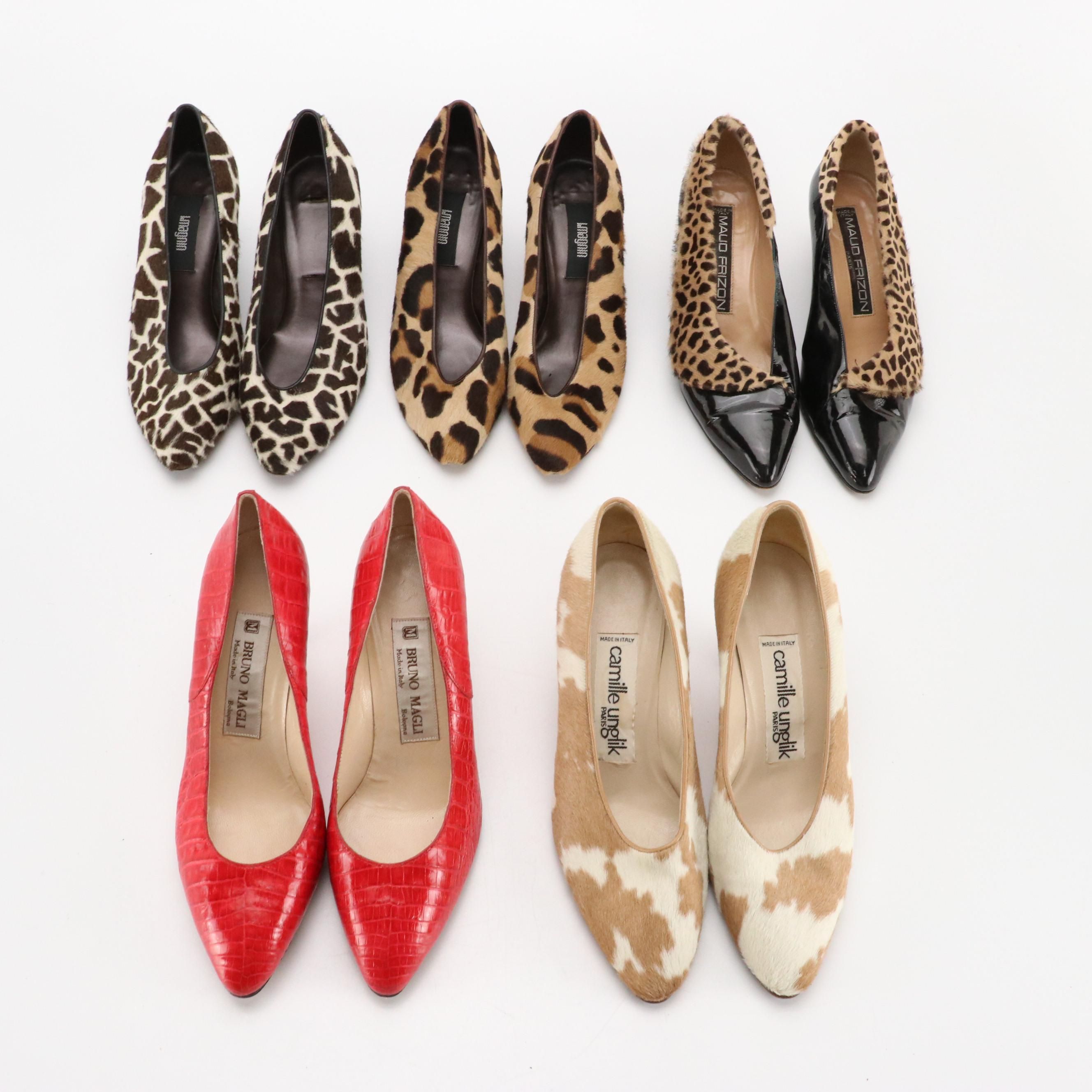 Bruno Magli Red Croc Embossed Pumps with Other Animal Printed Calf Hair Heels