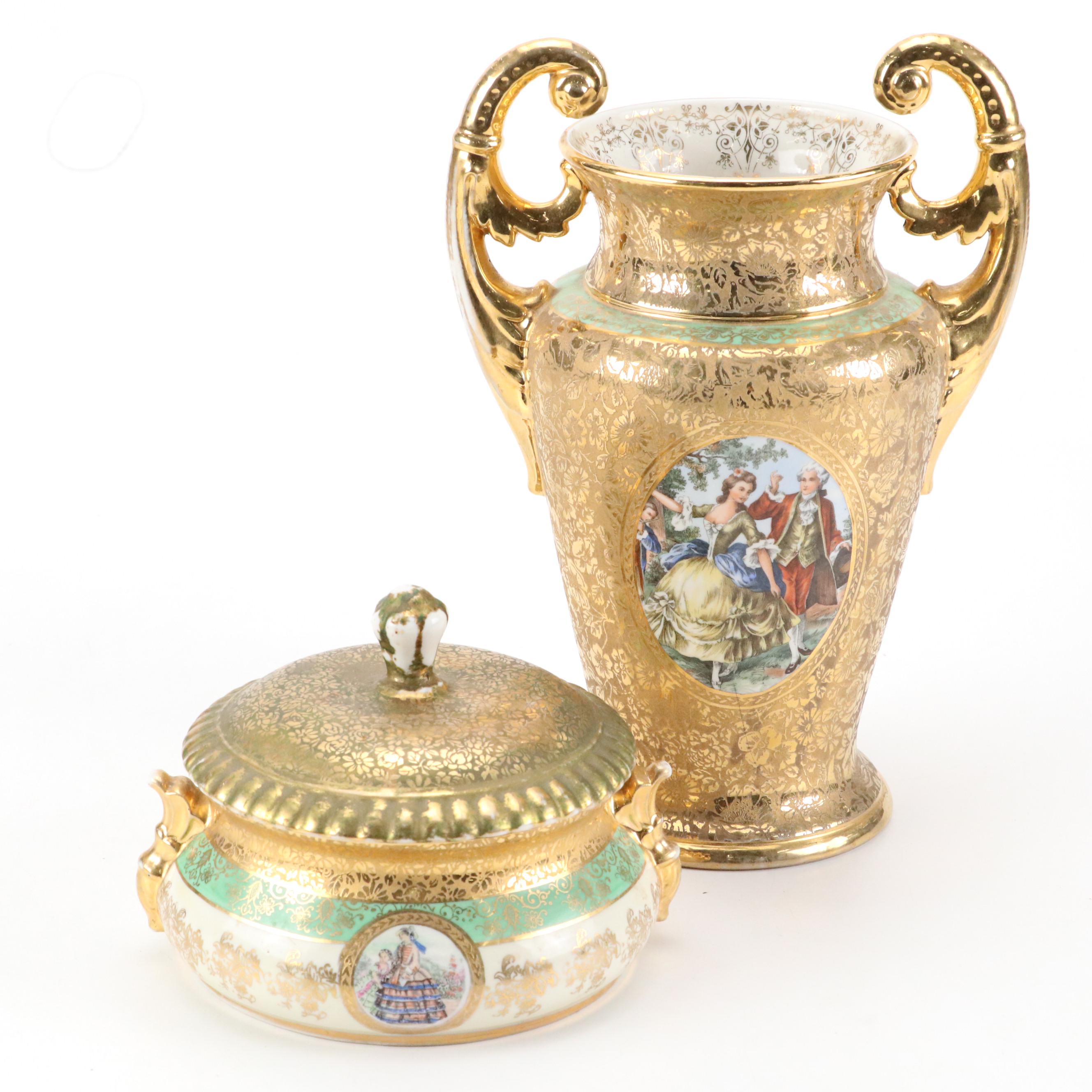 Le Mieux Porcelain Lidded Bowl and Vase with 24K Gold Decoration