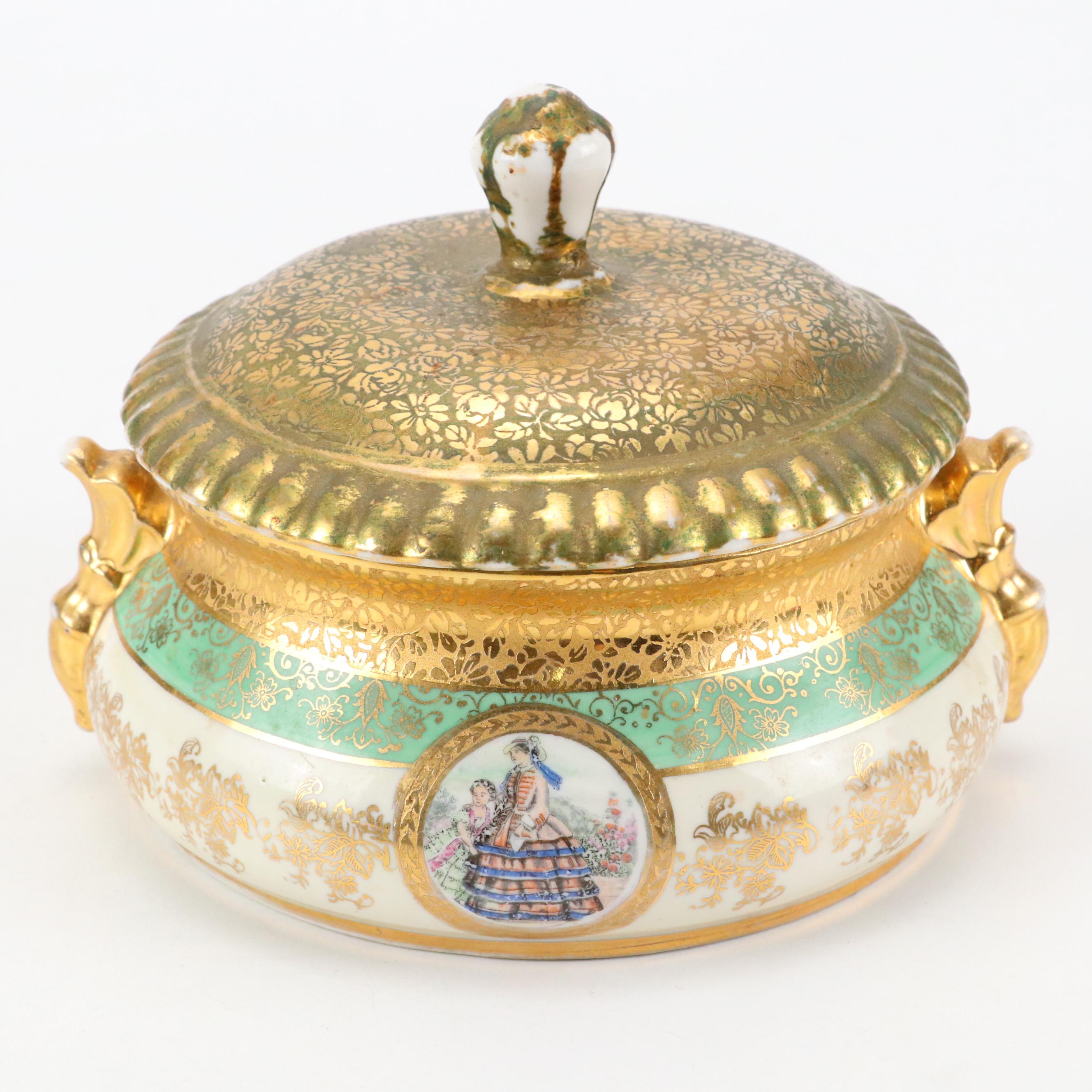 Le Mieux Porcelain Lidded Bowl and Vase with 24K Gold Decoration