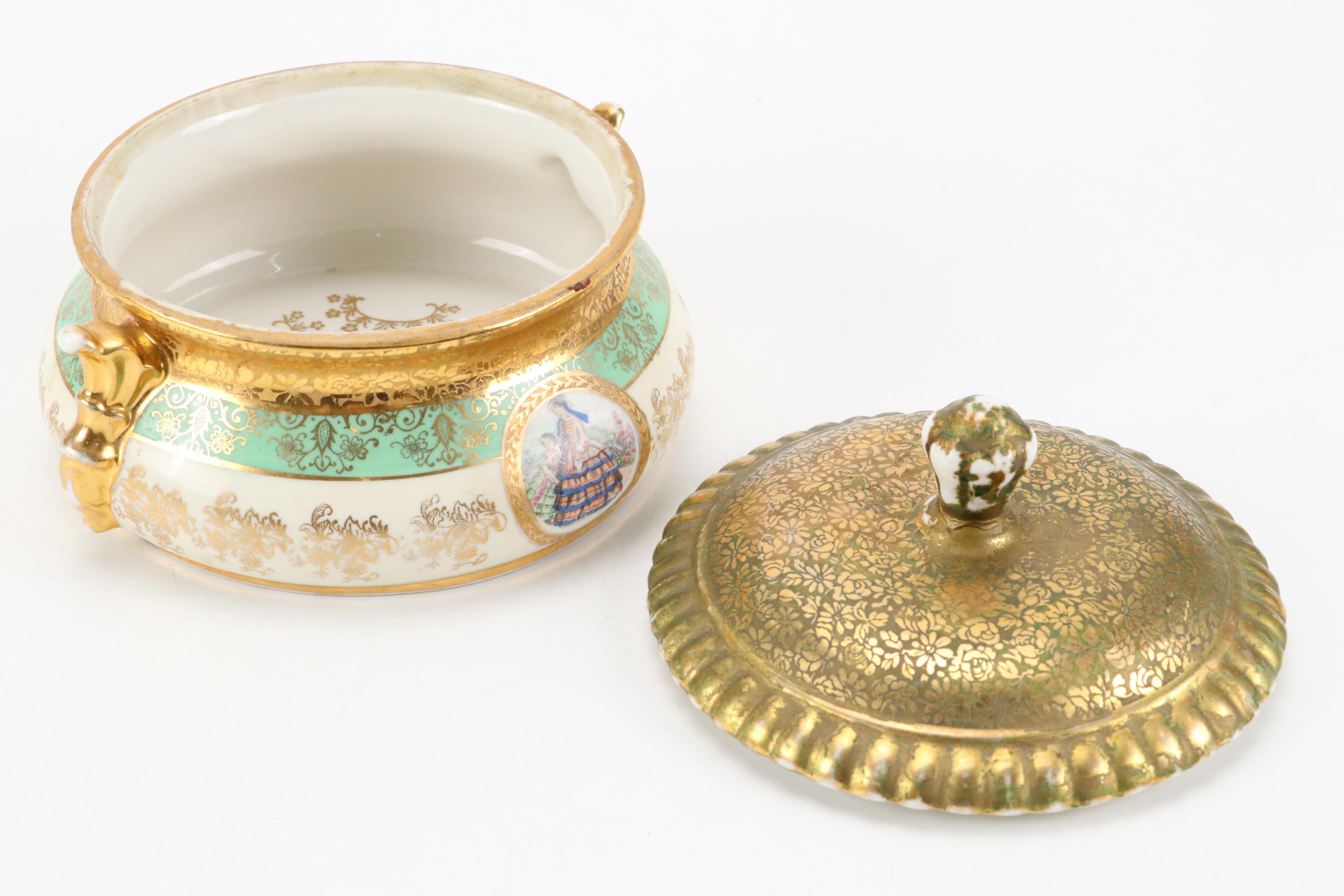 Le Mieux Porcelain Lidded Bowl and Vase with 24K Gold Decoration
