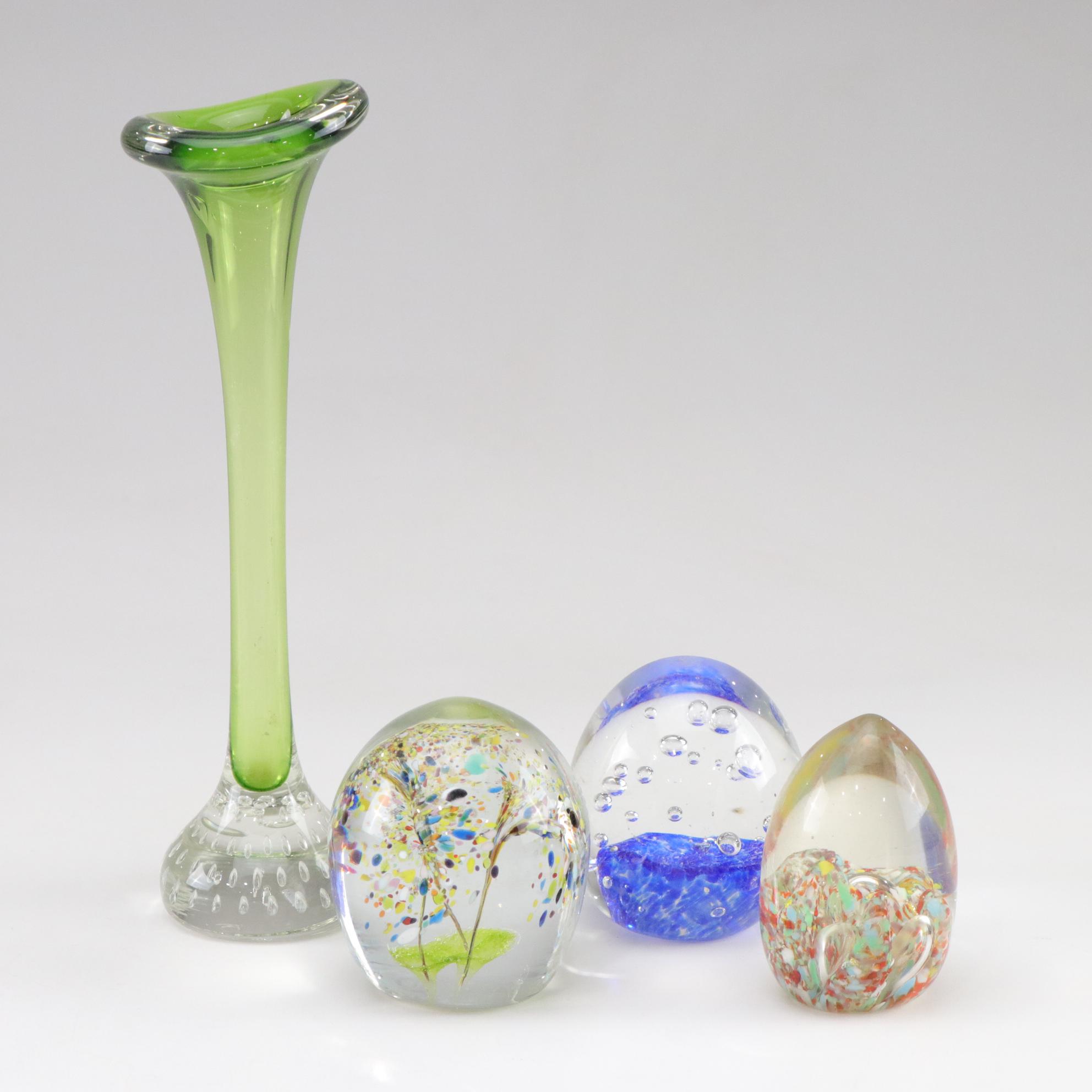 Art Glass Bud Vase and Three Paperweights