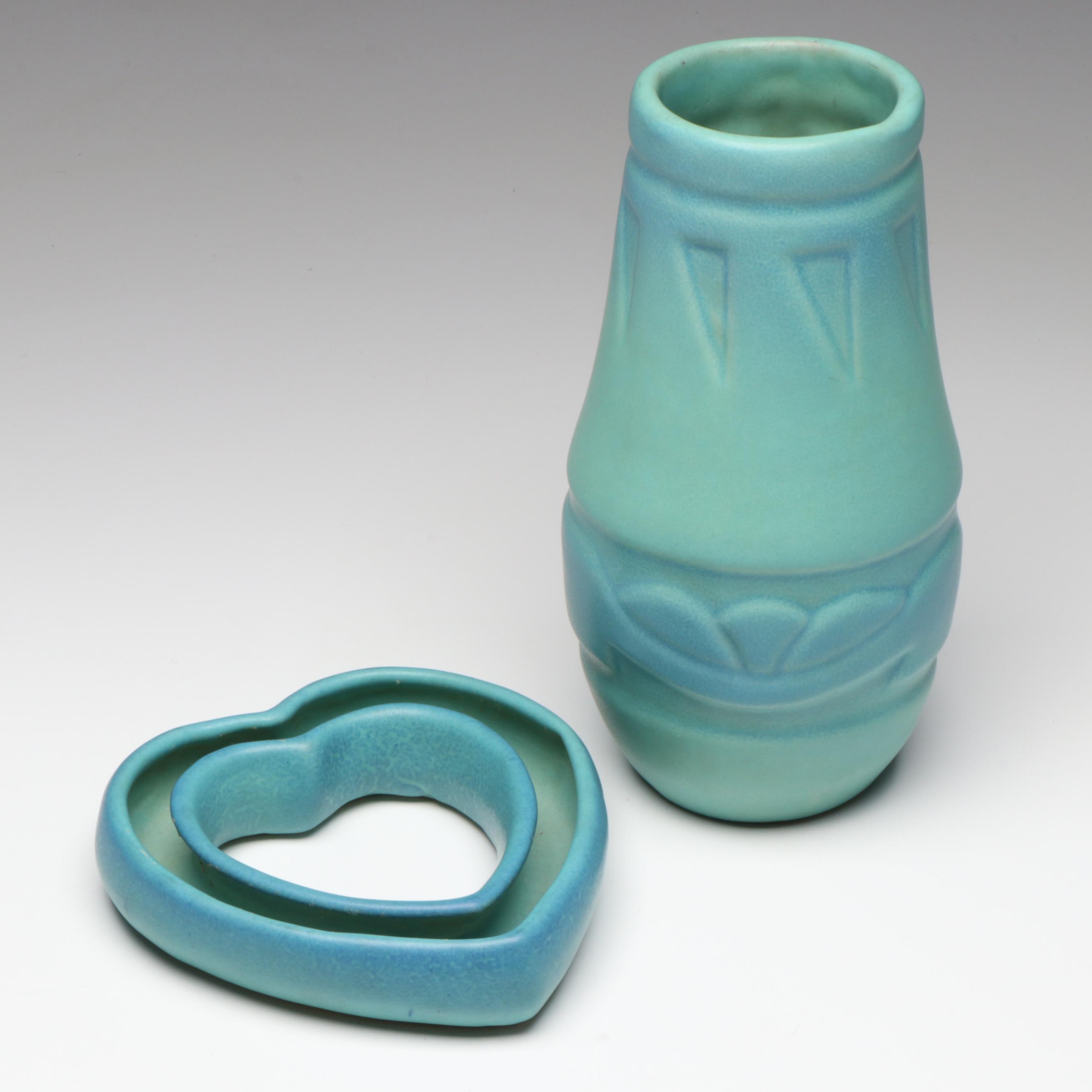 Van Briggle Pottery Heart Shaped Pansy Ring and Vase