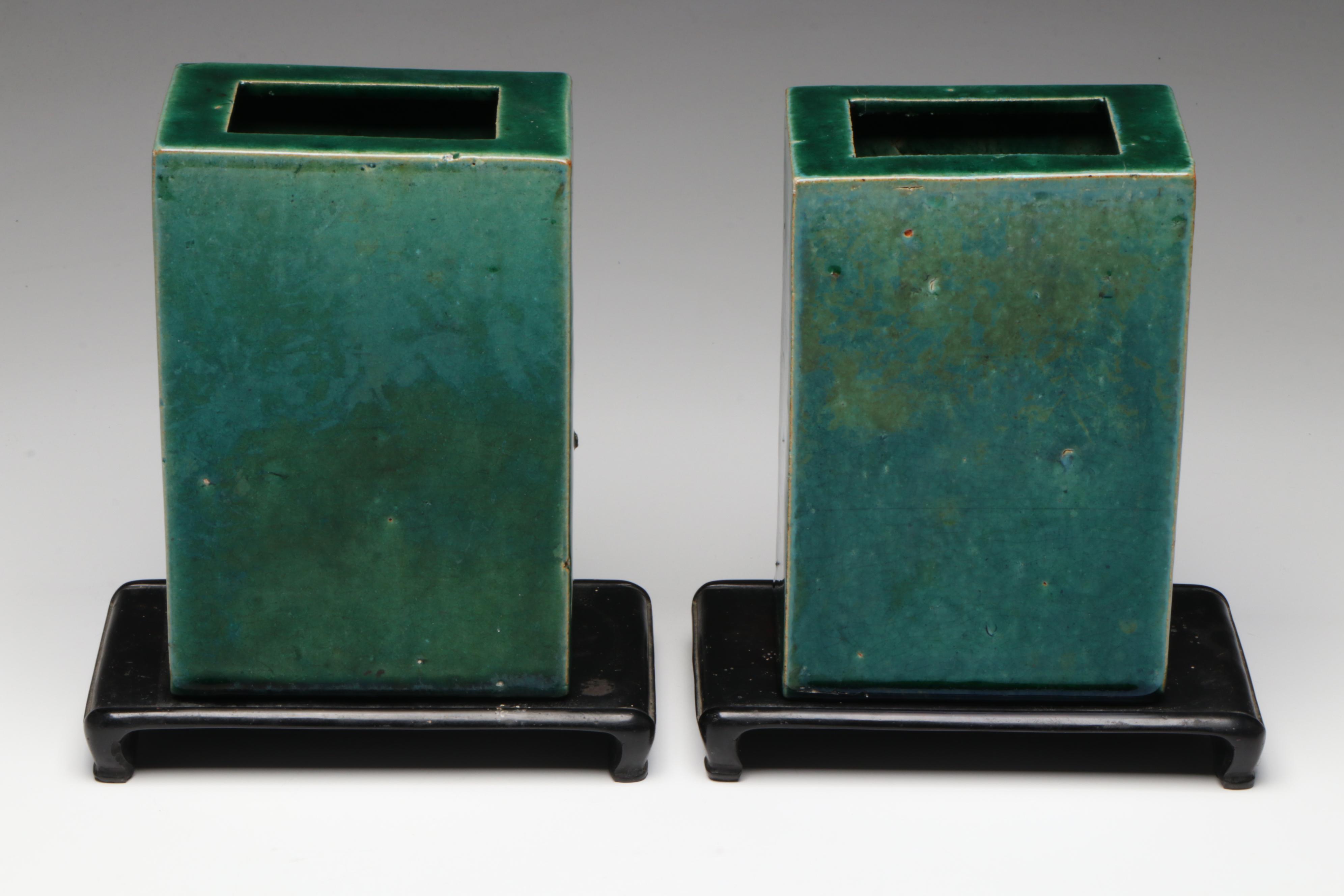 Pair of Chinese Ceramic Brick Vases with Pedestals, 20th Century