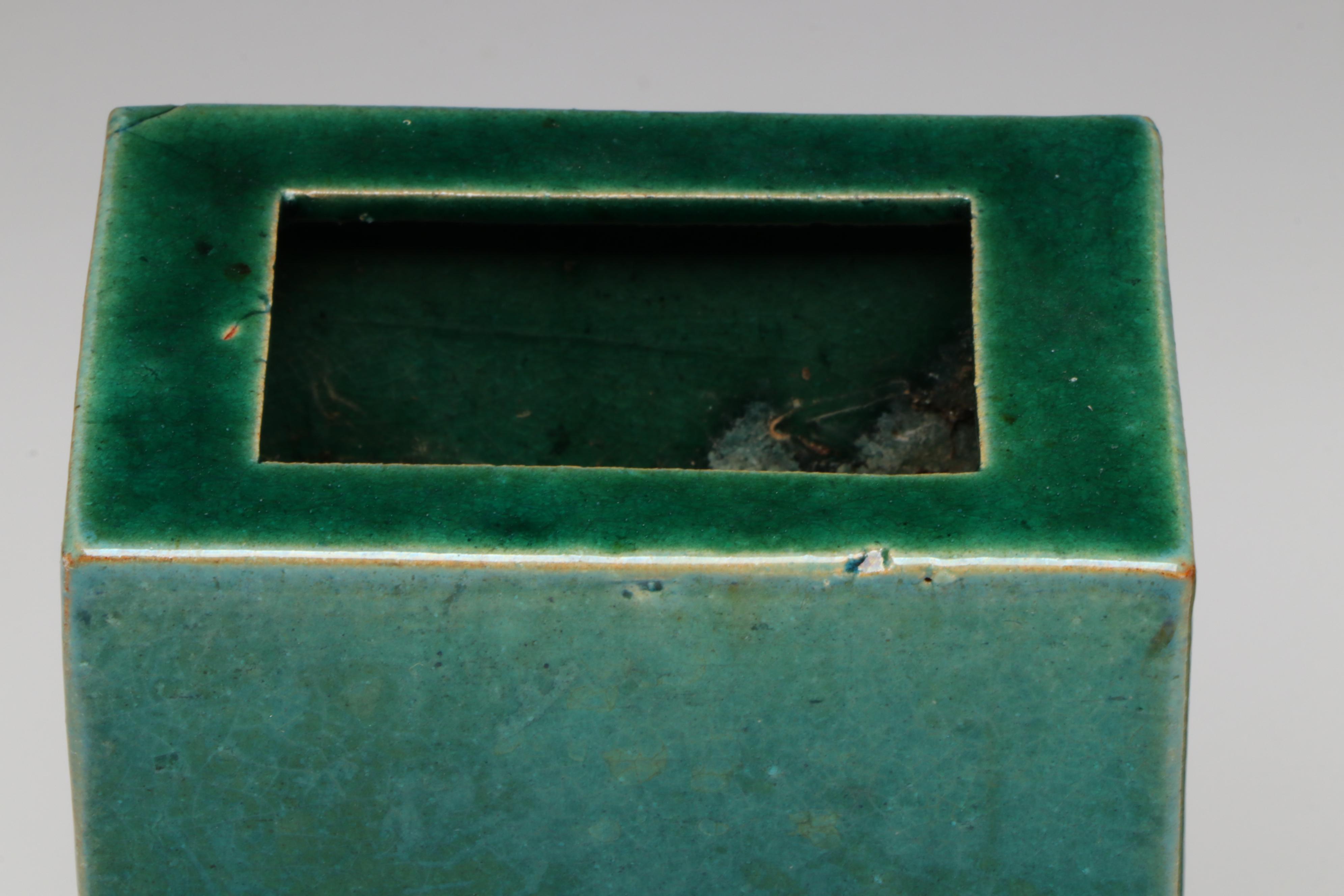 Pair of Chinese Ceramic Brick Vases with Pedestals, 20th Century