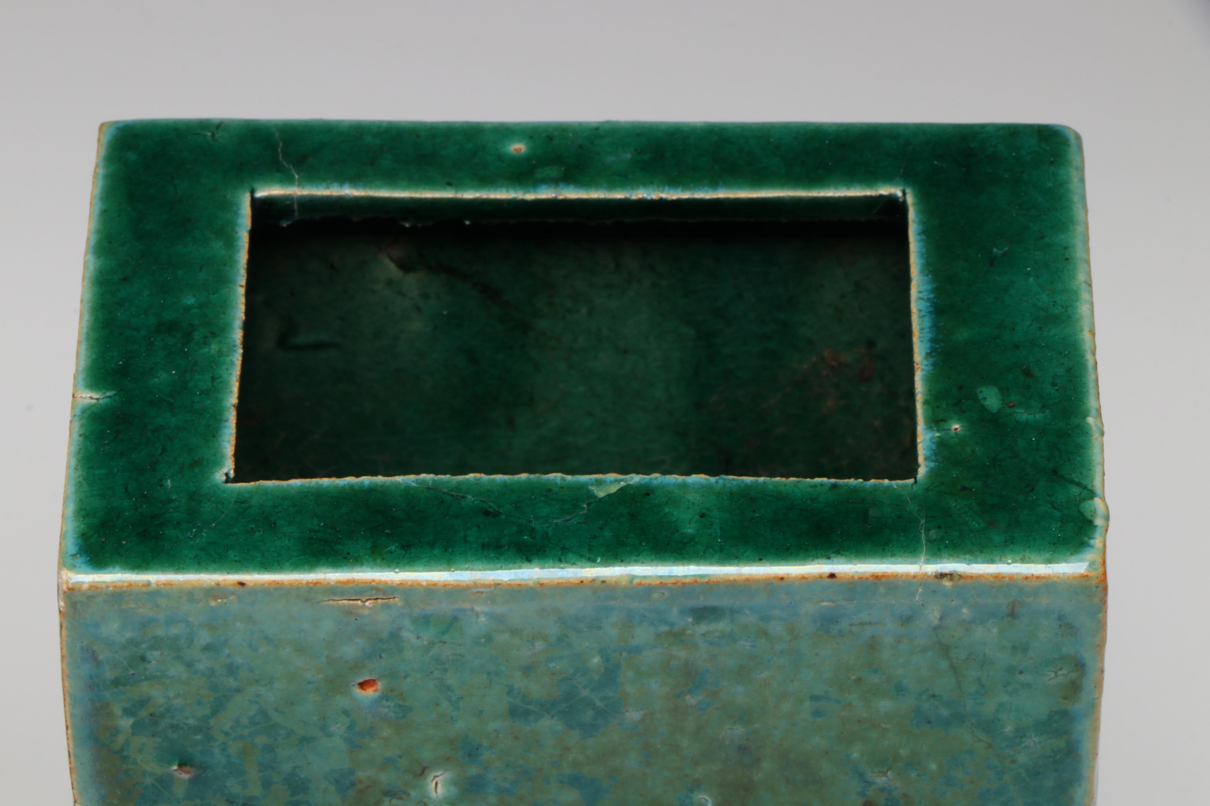 Pair of Chinese Ceramic Brick Vases with Pedestals, 20th Century