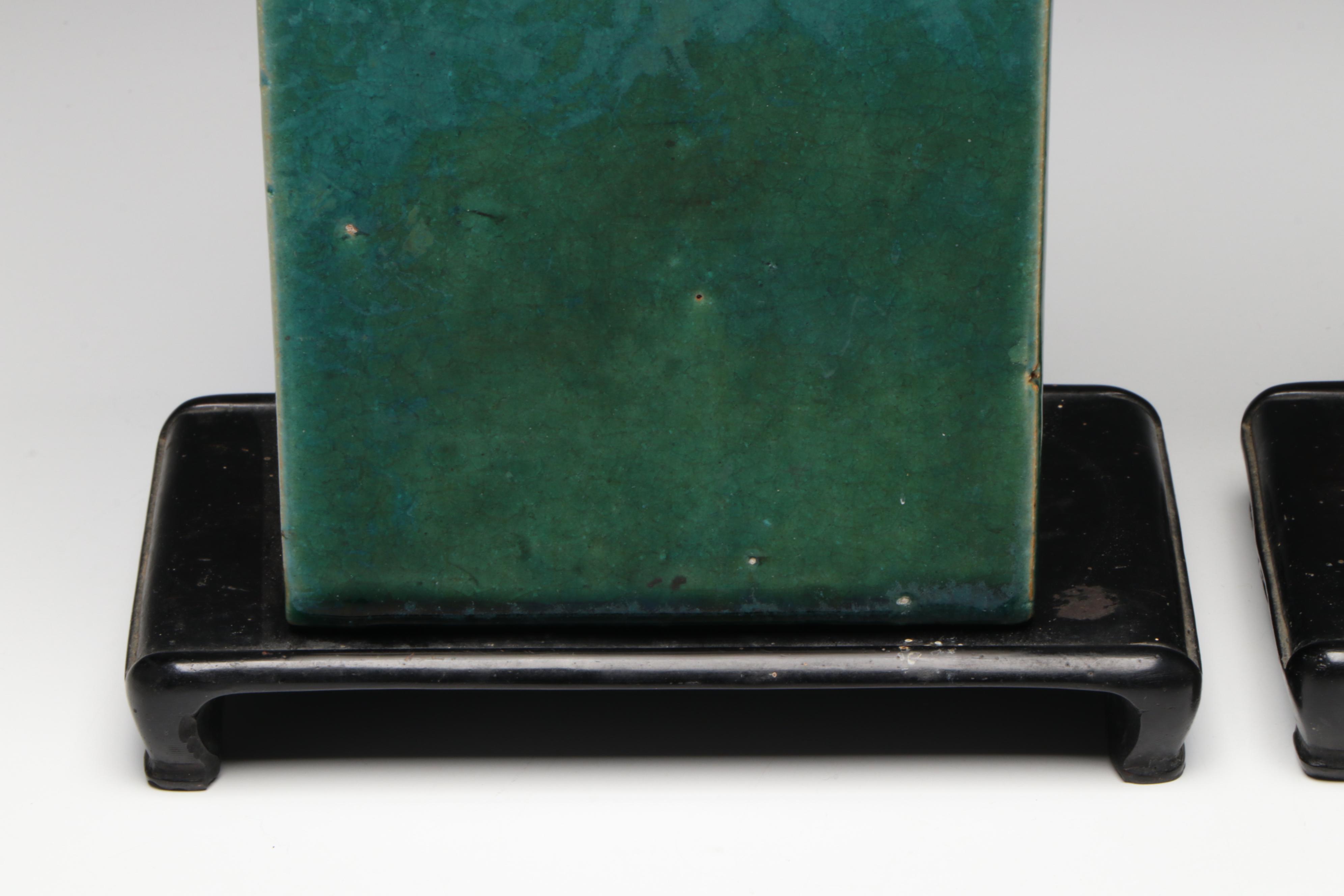 Pair of Chinese Ceramic Brick Vases with Pedestals, 20th Century