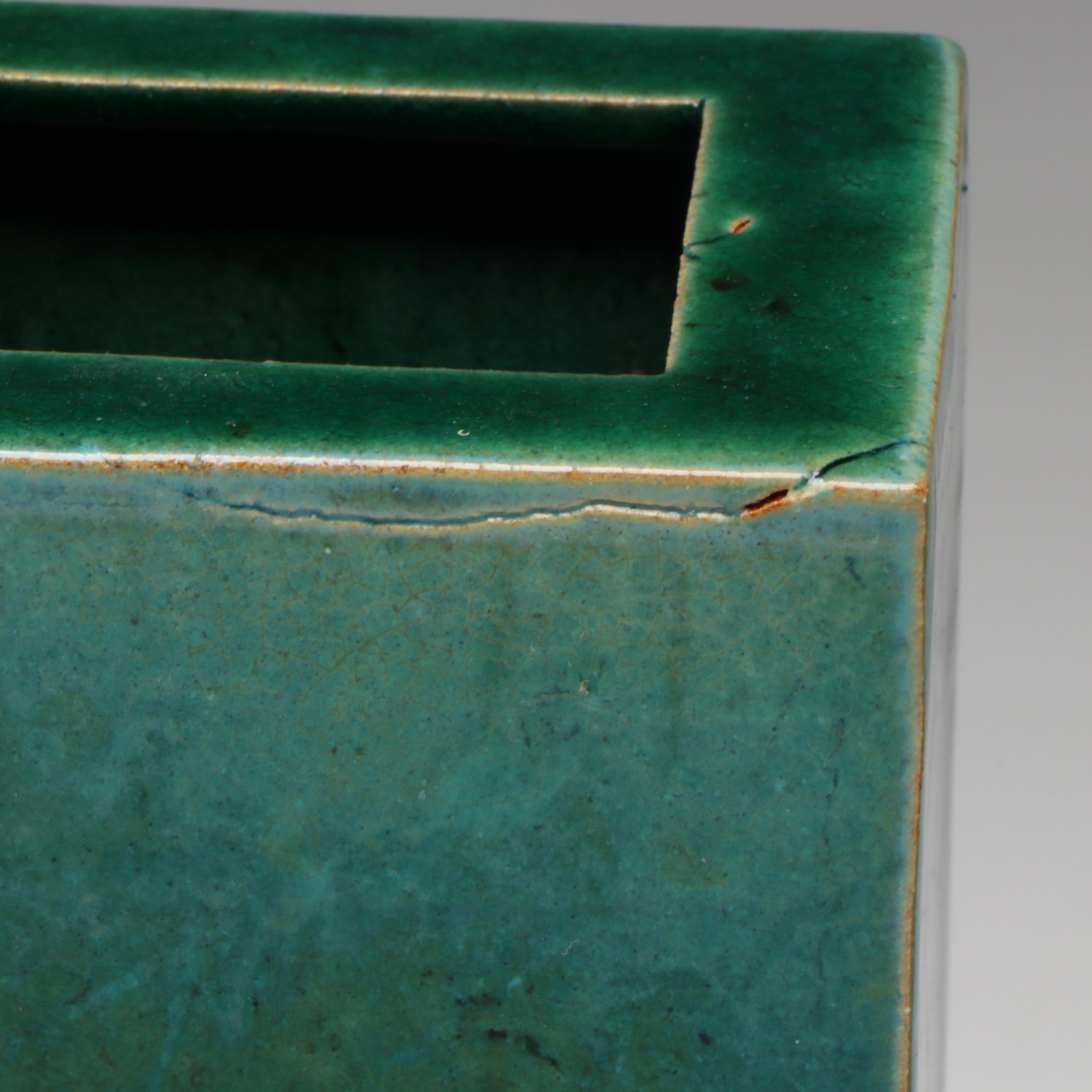 Pair of Chinese Ceramic Brick Vases with Pedestals, 20th Century