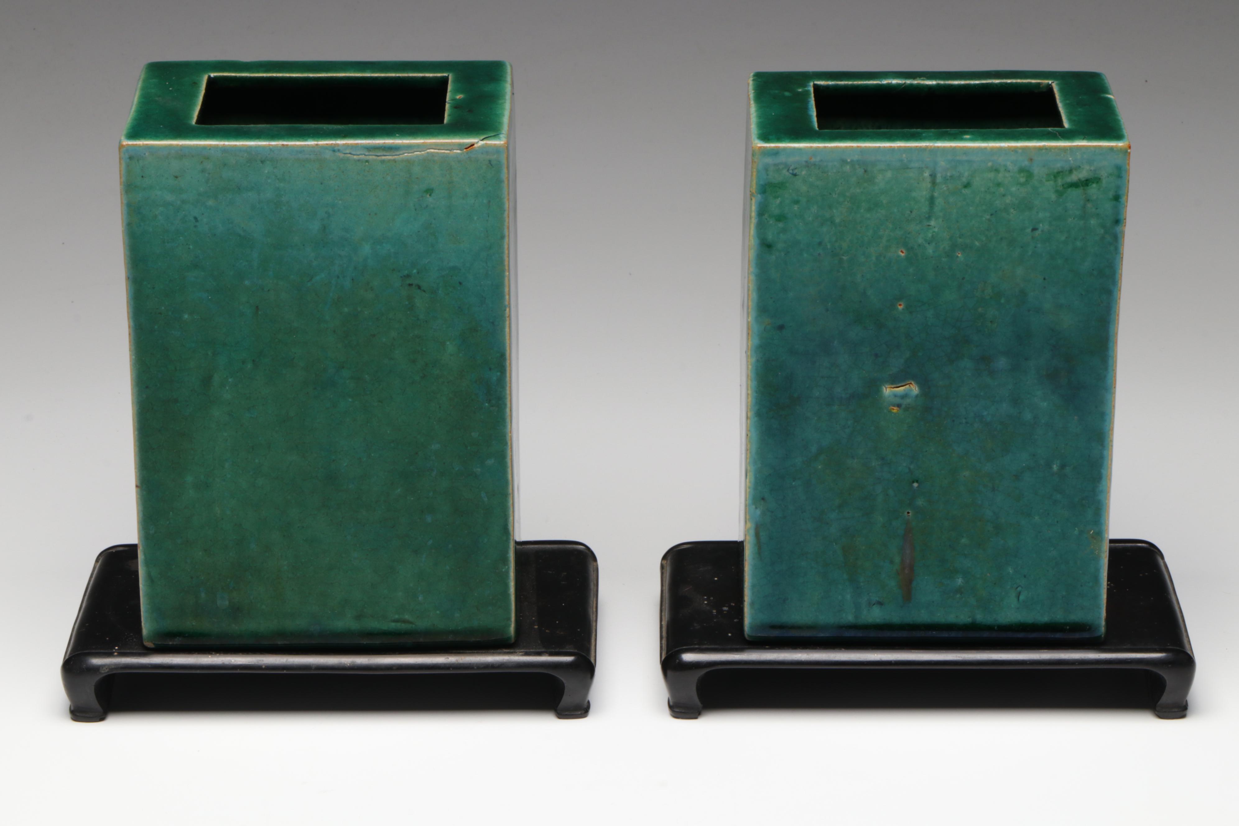 Pair of Chinese Ceramic Brick Vases with Pedestals, 20th Century