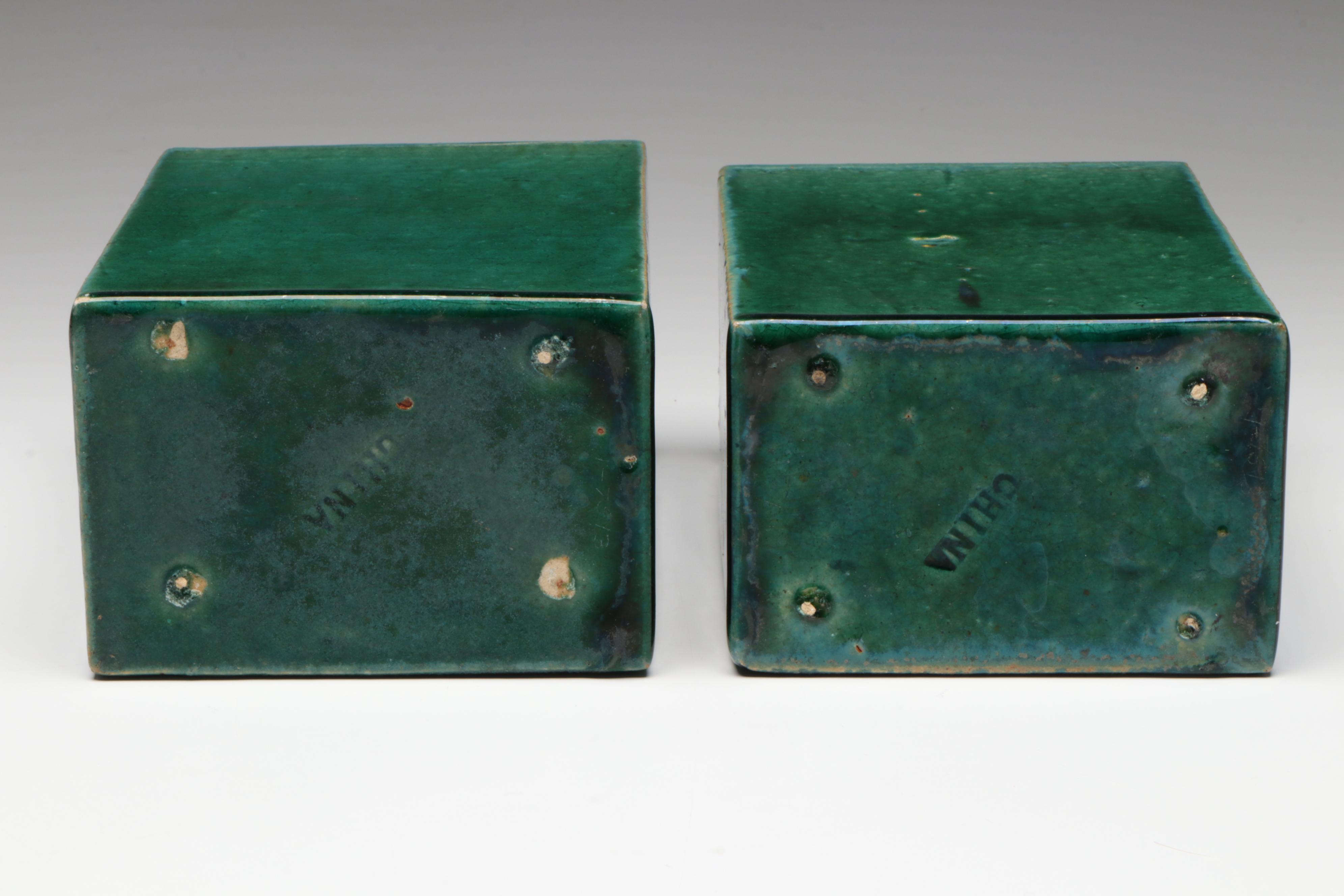 Pair of Chinese Ceramic Brick Vases with Pedestals, 20th Century