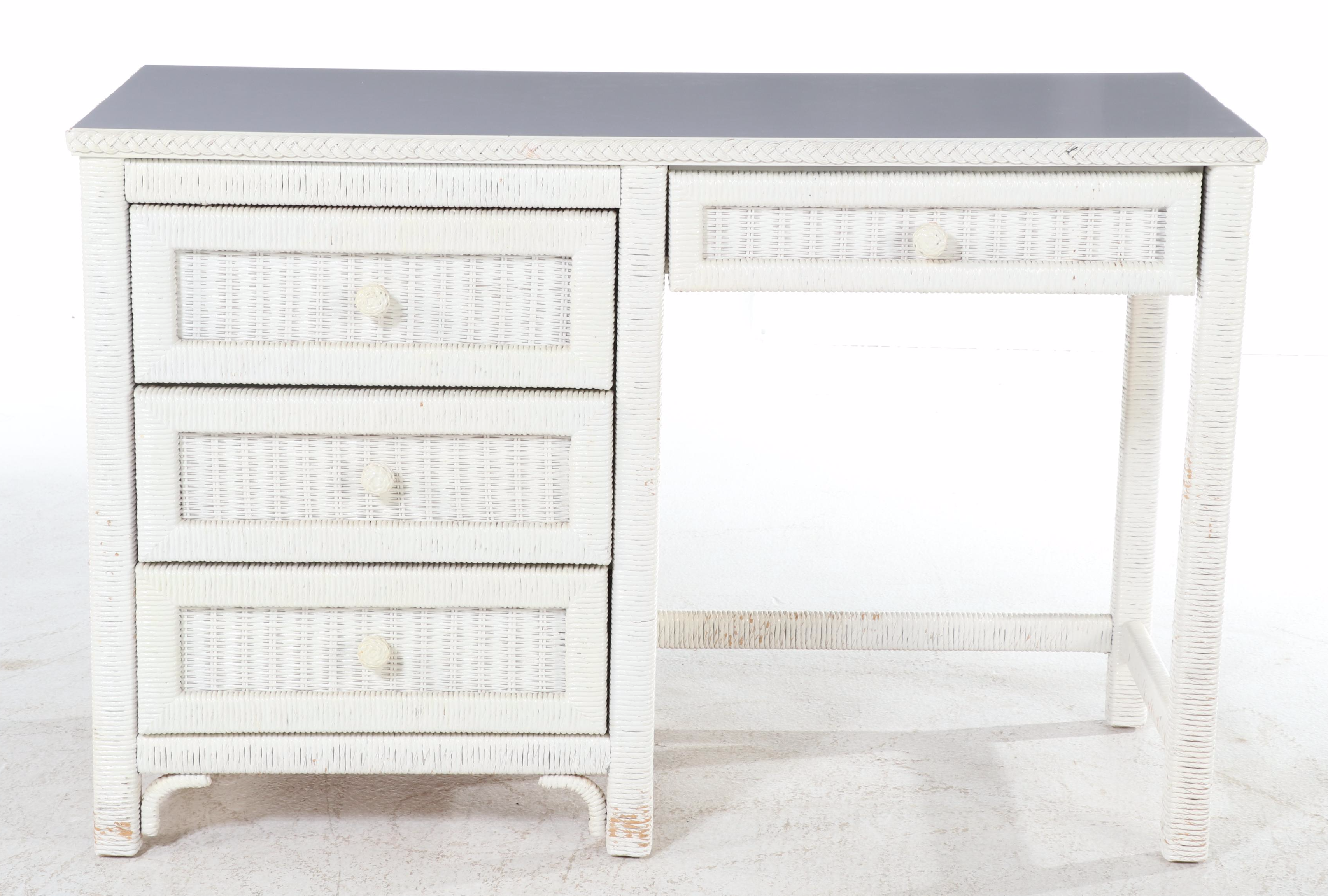 Henry Link White-Painted Wicker and Laminate Top Desk with Side Chair