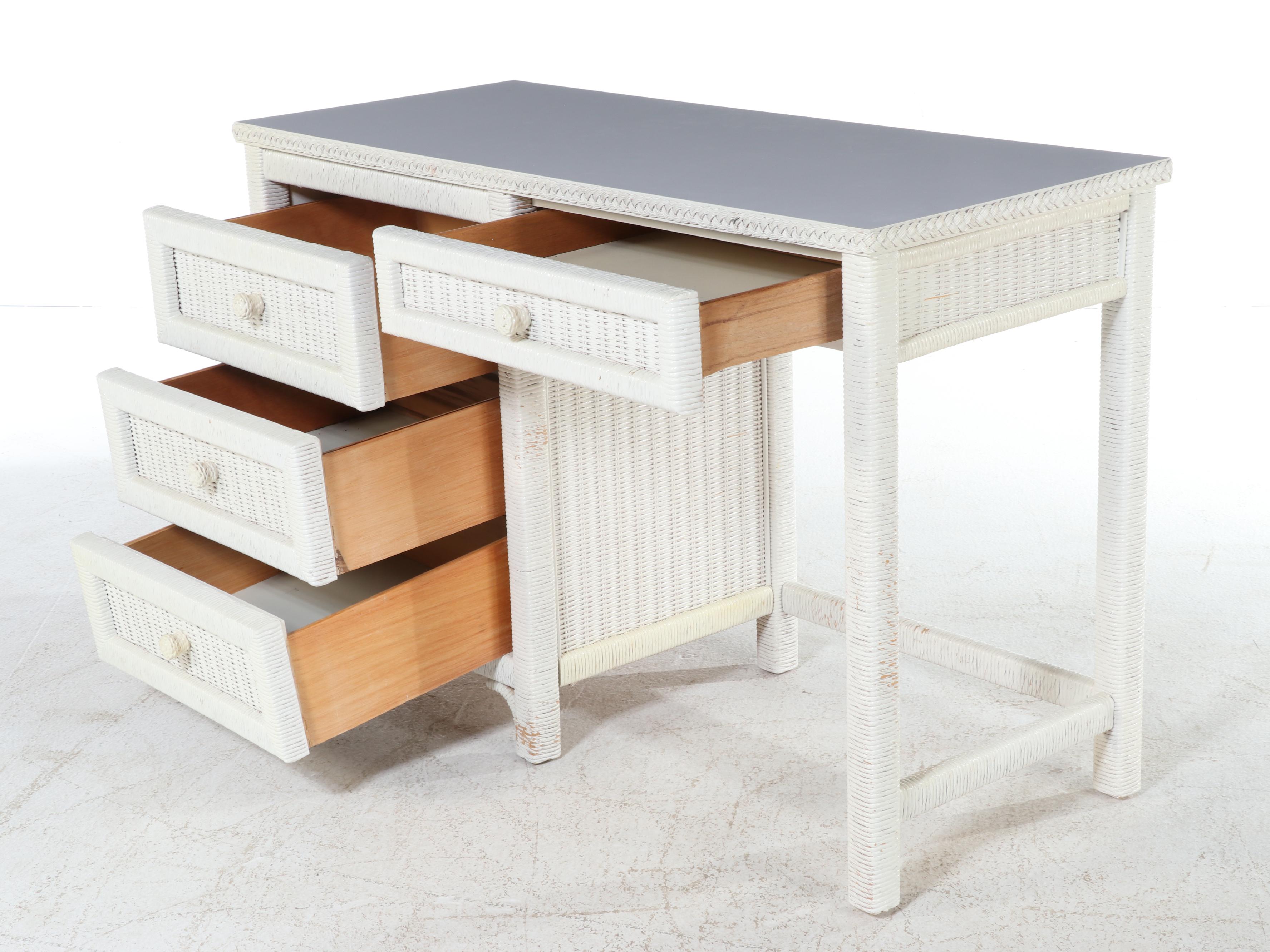 Henry Link White-Painted Wicker and Laminate Top Desk with Side Chair