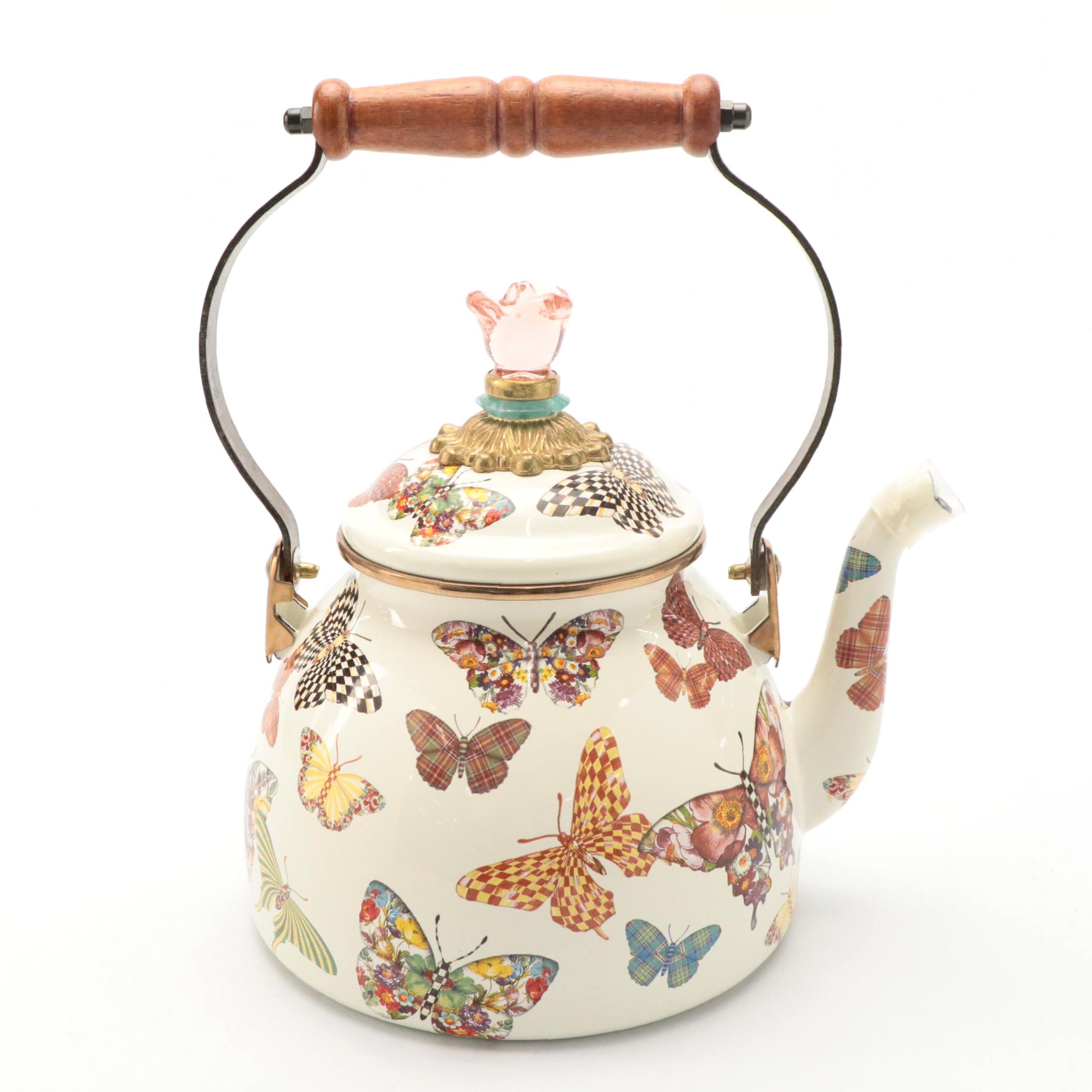 MacKenzie-Childs Butterfly Motif Enameled Metal Kettle with Wood Handle